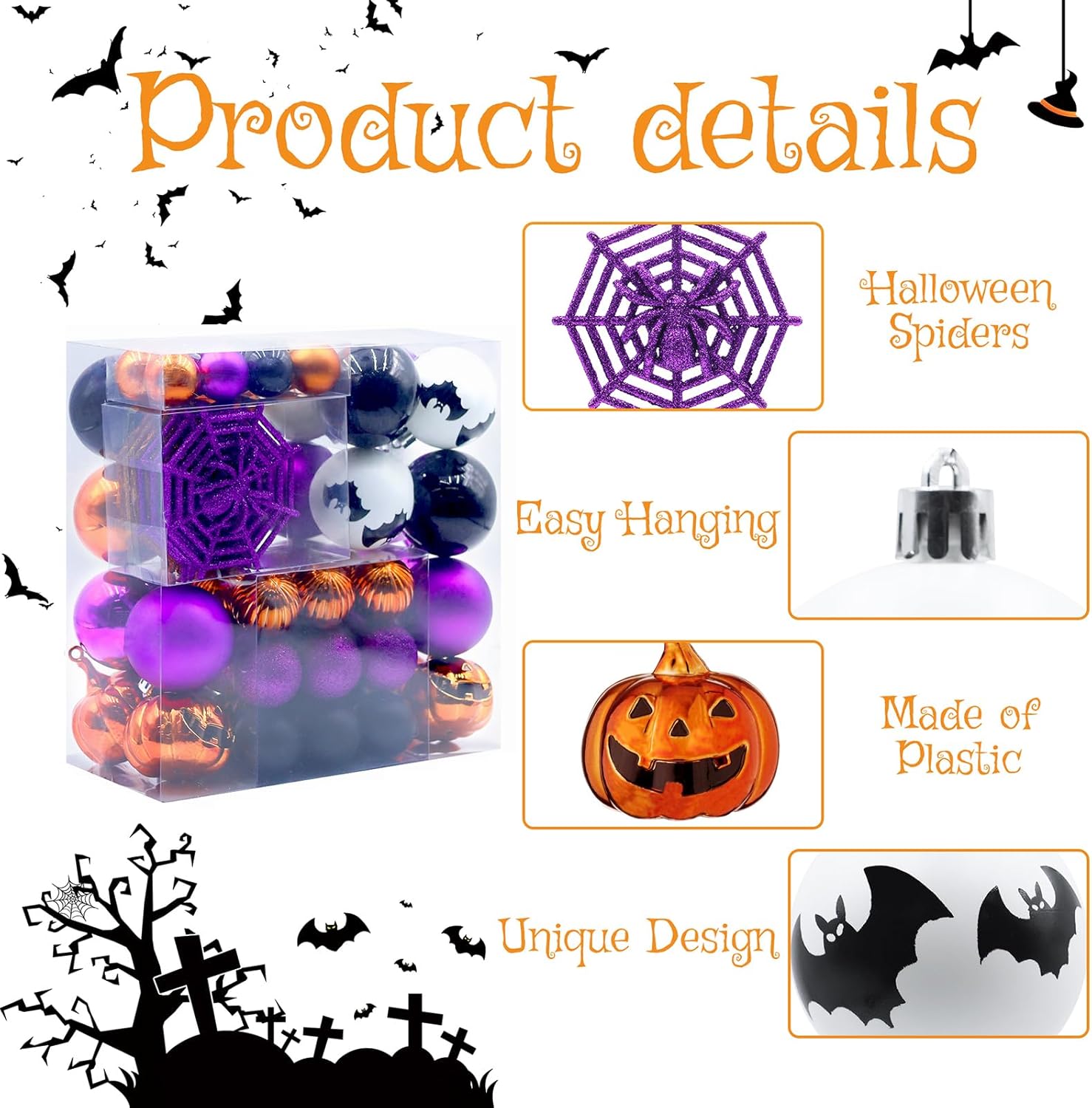 61 Piece Halloween Ball Ornaments Set for Tree Shatterproof Decorative Hanging Halloween Home Decor Indoor with Loop