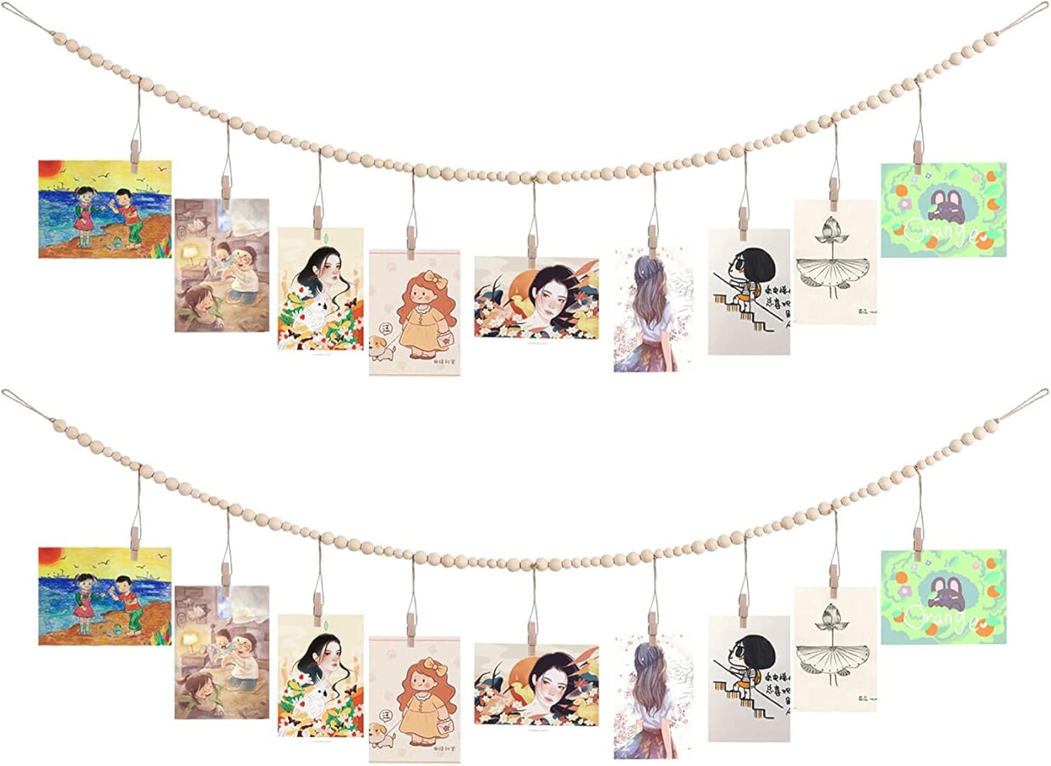 2PCS Wall Hanging Photo Display with Wooden Beads Garland and 9 Wood Clips