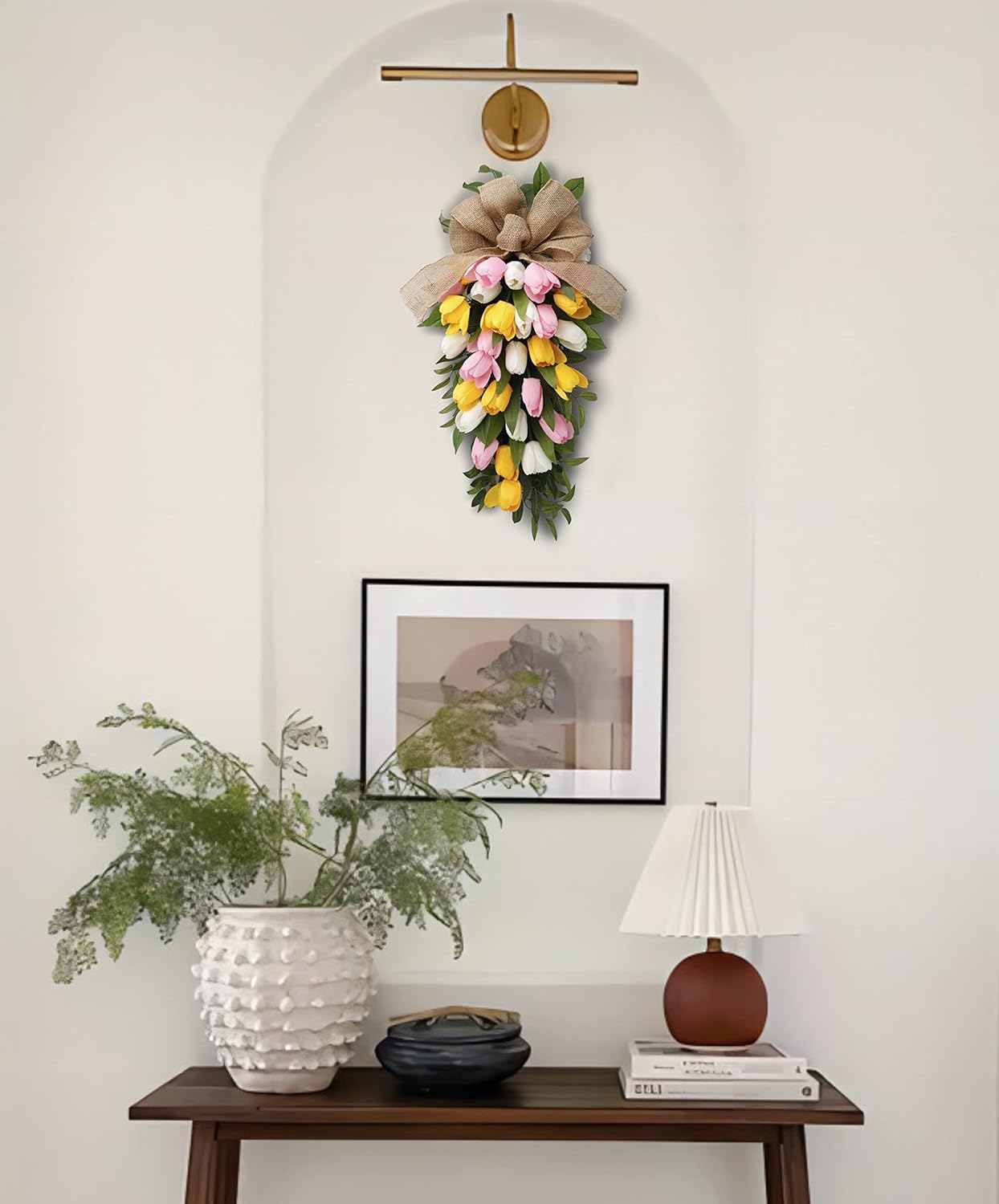 26 Inch Artificial Tulips Teardrop Swag with Burlap Bow