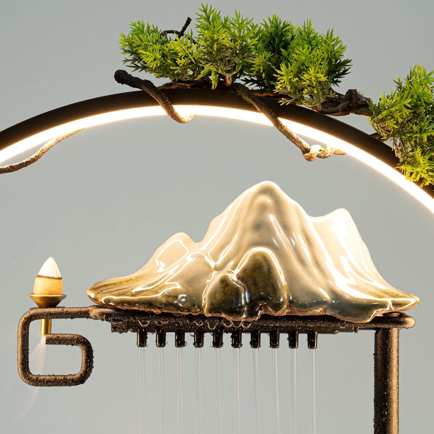 Ceramic Tabletop Water Fountain with Incense Holder and LED Light