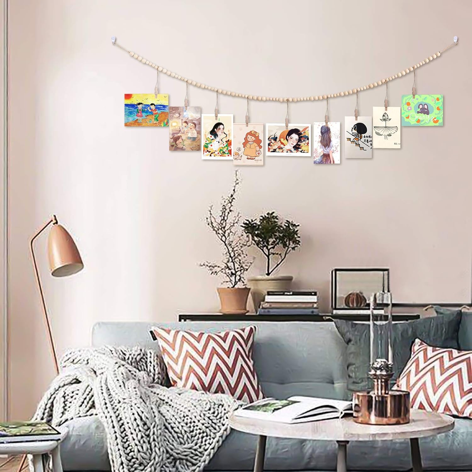 2PCS Wall Hanging Photo Display with Wooden Beads Garland and 9 Wood Clips
