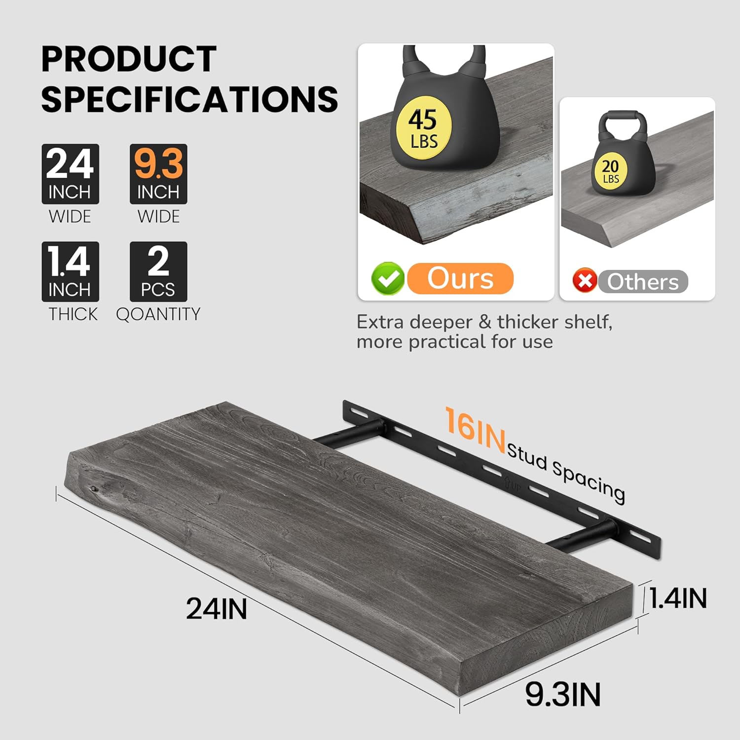 Floating Shelves for Wall 24x93 Inch Rustic Elm Wood Set of 2