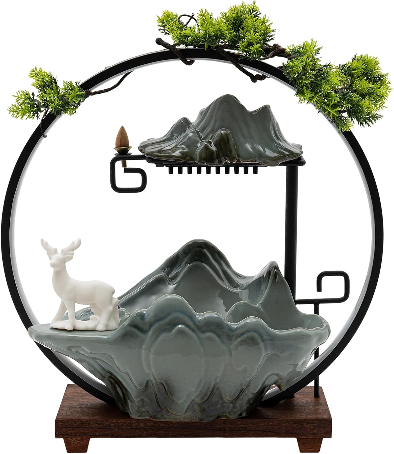 Ceramic Tabletop Water Fountain with Incense Holder and LED Light