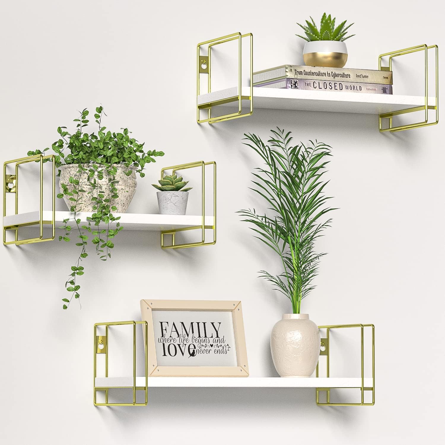 3 Piece White Floating Shelves with Gold Frames for Home