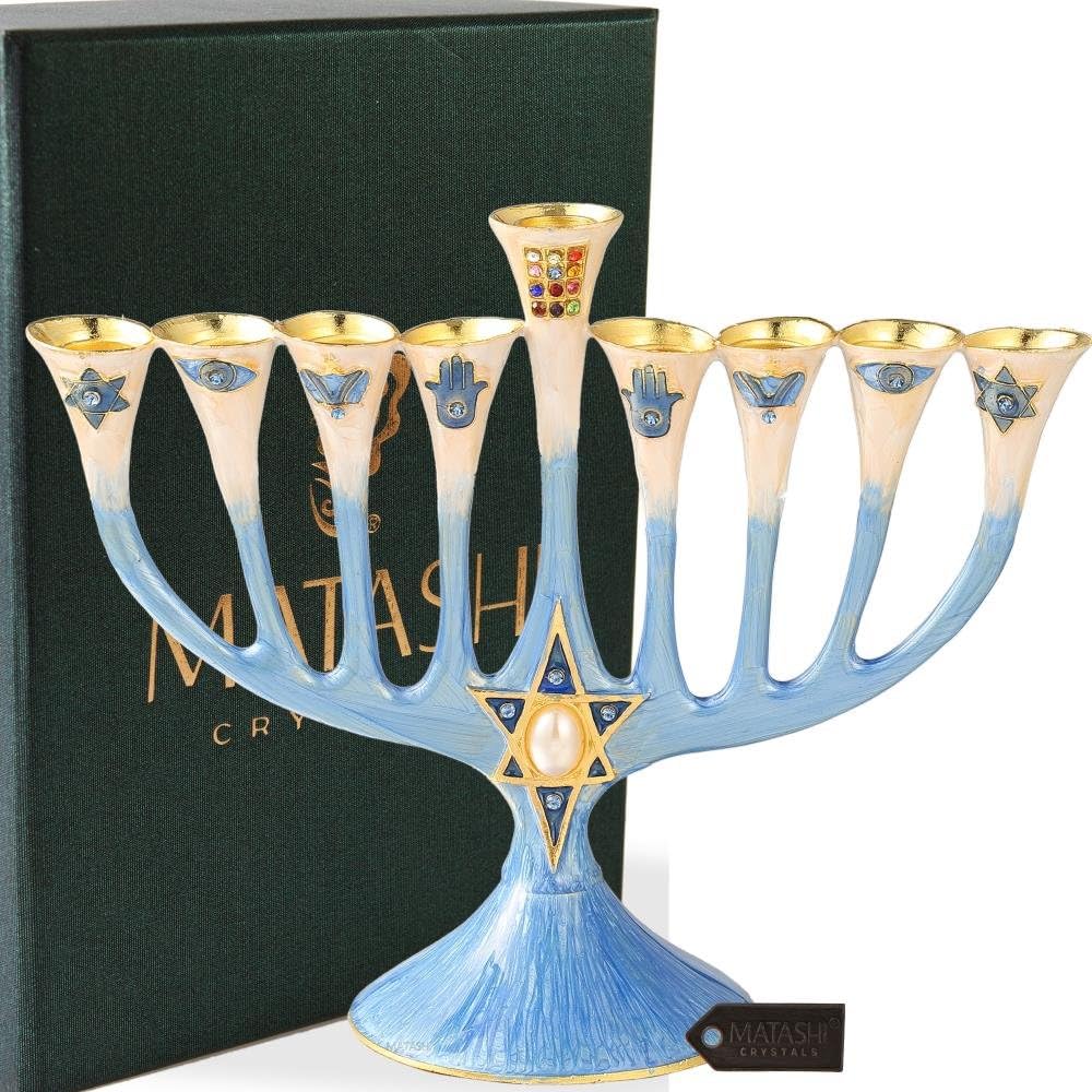 Matashi Hand Painted Enamel Menorah with Crystals and Gold Accents
