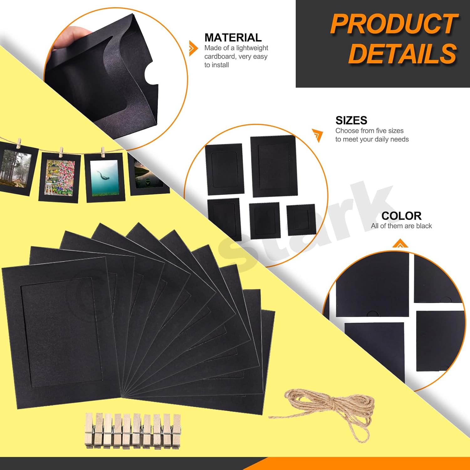 105Pcs Black Paper Picture Frames with Wood Clips and Jute Twine for Wall Decor