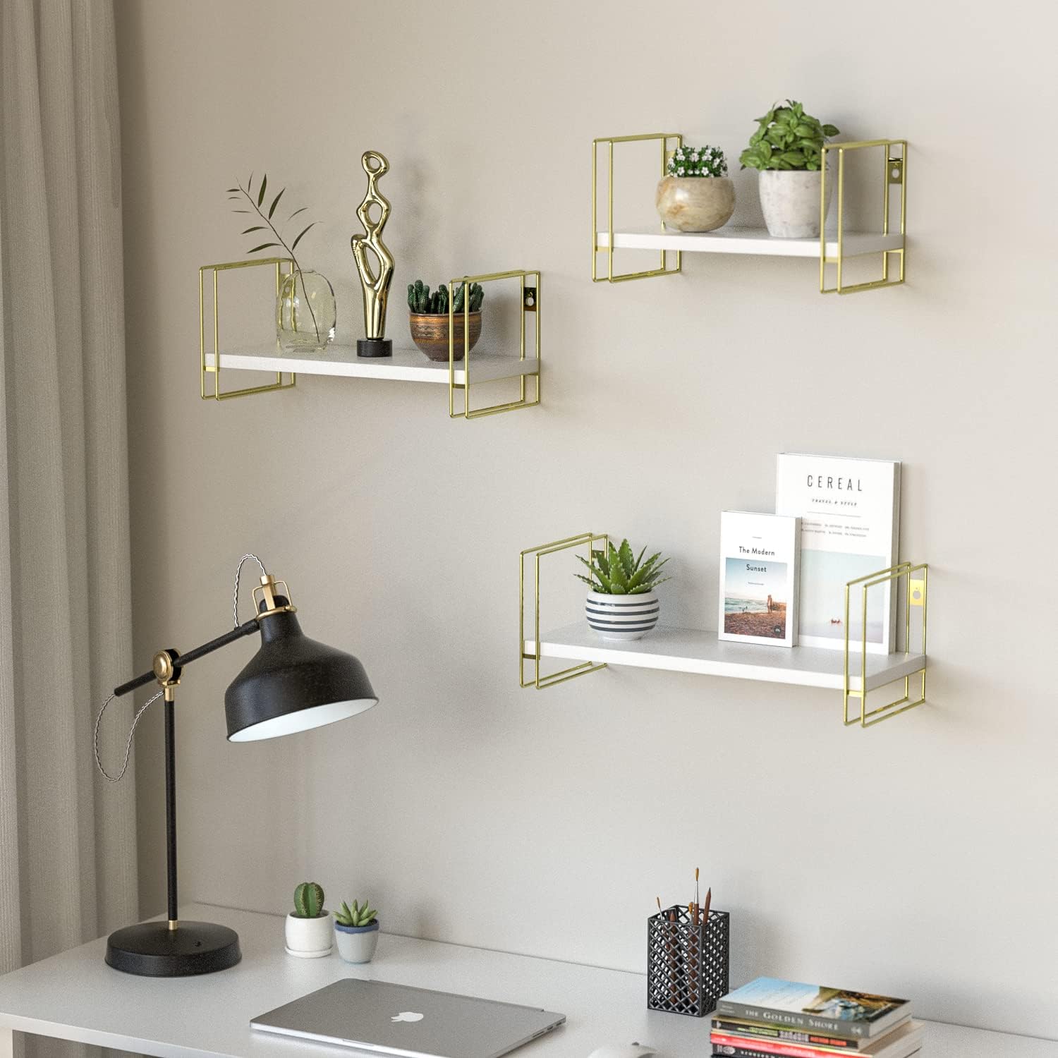 3 Piece White Floating Shelves with Gold Frames for Home