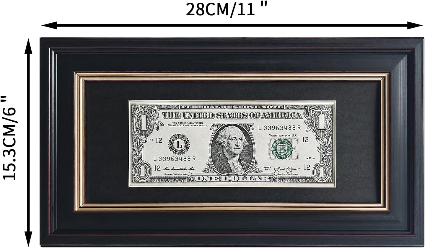 Dollar Bill Frame with Black Mat or Display 4x9 Picture Without Mat
