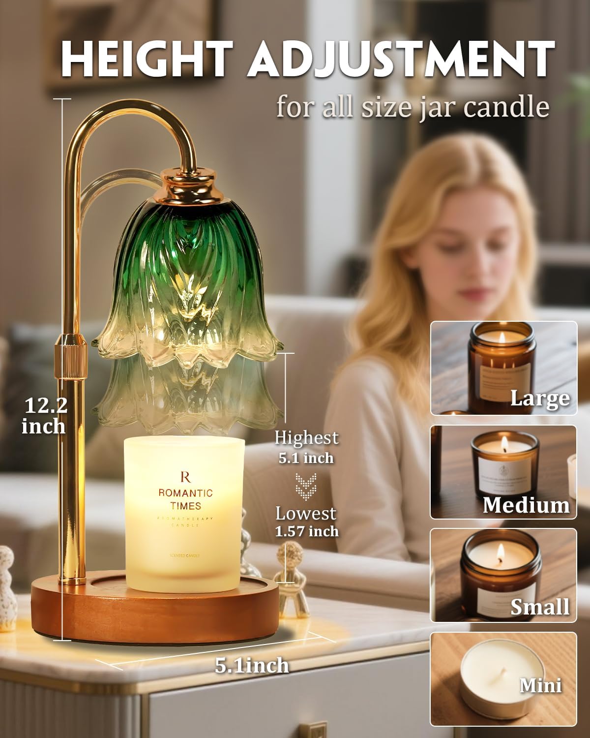 Gold Candle Lamp Warmer with Timer and Dimmer 2 Bulbs Adjustable Height