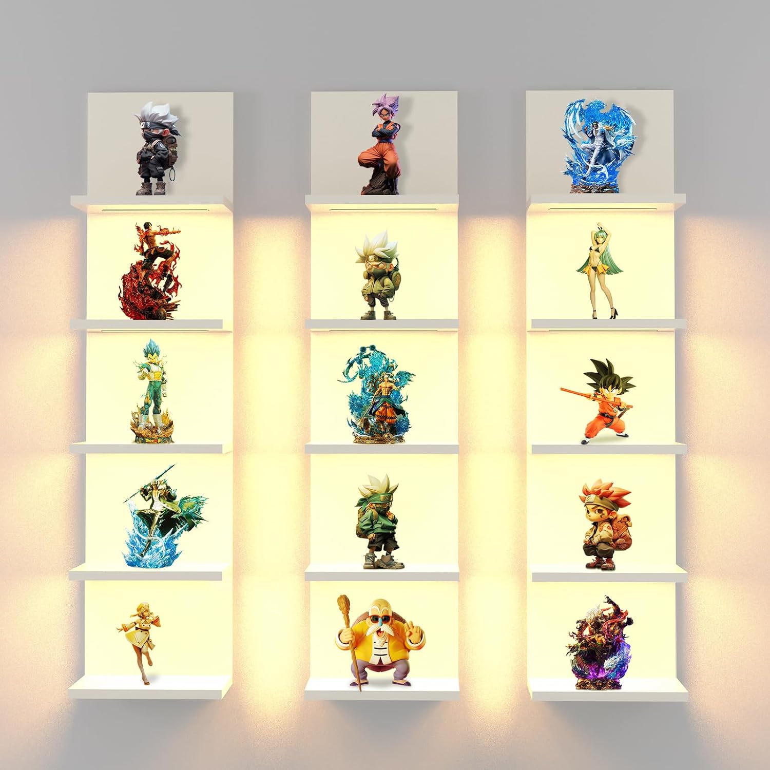 5 Tier Wall Shelf With Light White Modern Vertical Floating Shelves for Home Decor