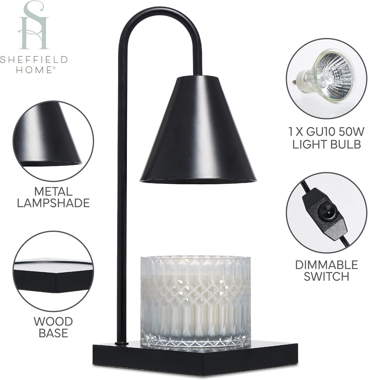 Sheffield Home Glass Candle Warmer Lamp Black Iron Flameless 13 Inch