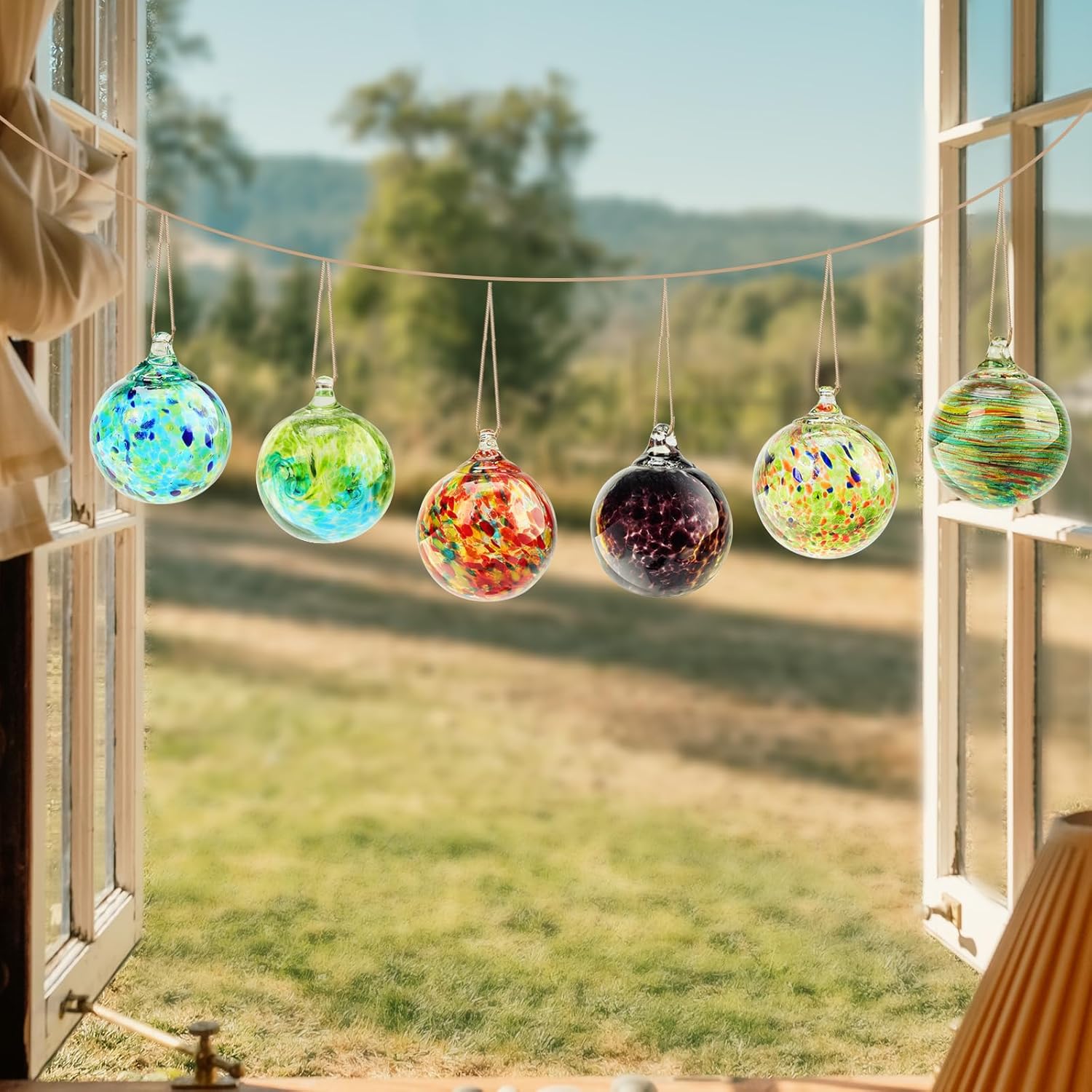 Colorful Hand Blown Glass Hanging Ornaments 6 Pcs