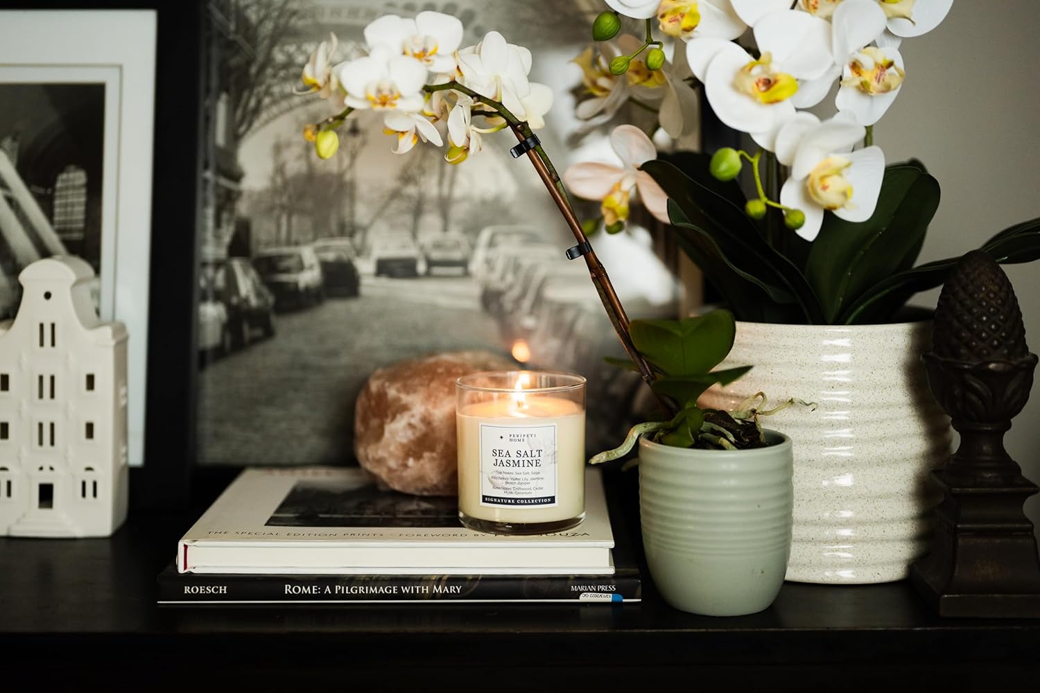 PERIPETI Home Sea Salt Jasmine Candle - 85oz Soy Wax Jar with Wooden Wick