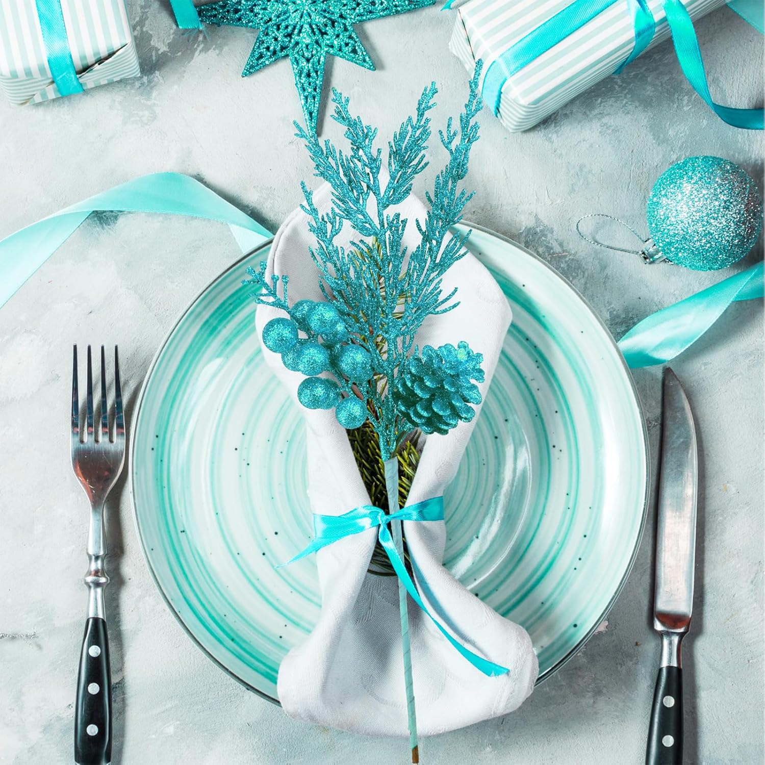 Winlyn 24 Pcs Teal Glitter Christmas Decoration Picks