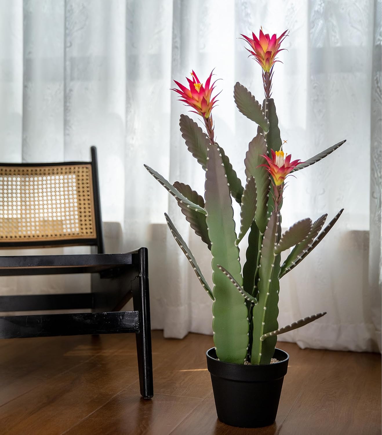 33 Inch Artificial Cactus with Magenta Flowers in Pot