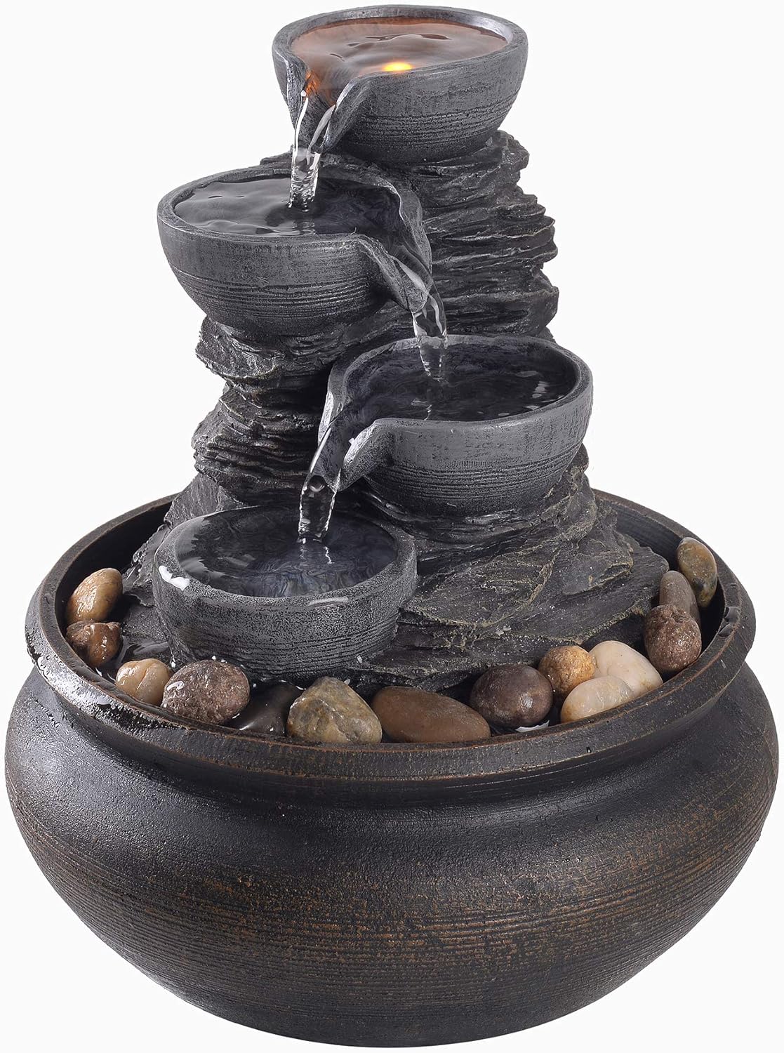 Teamson Home Indoor Tabletop Zen Waterfall Fountain with LED Lights and Pump Stone Gray