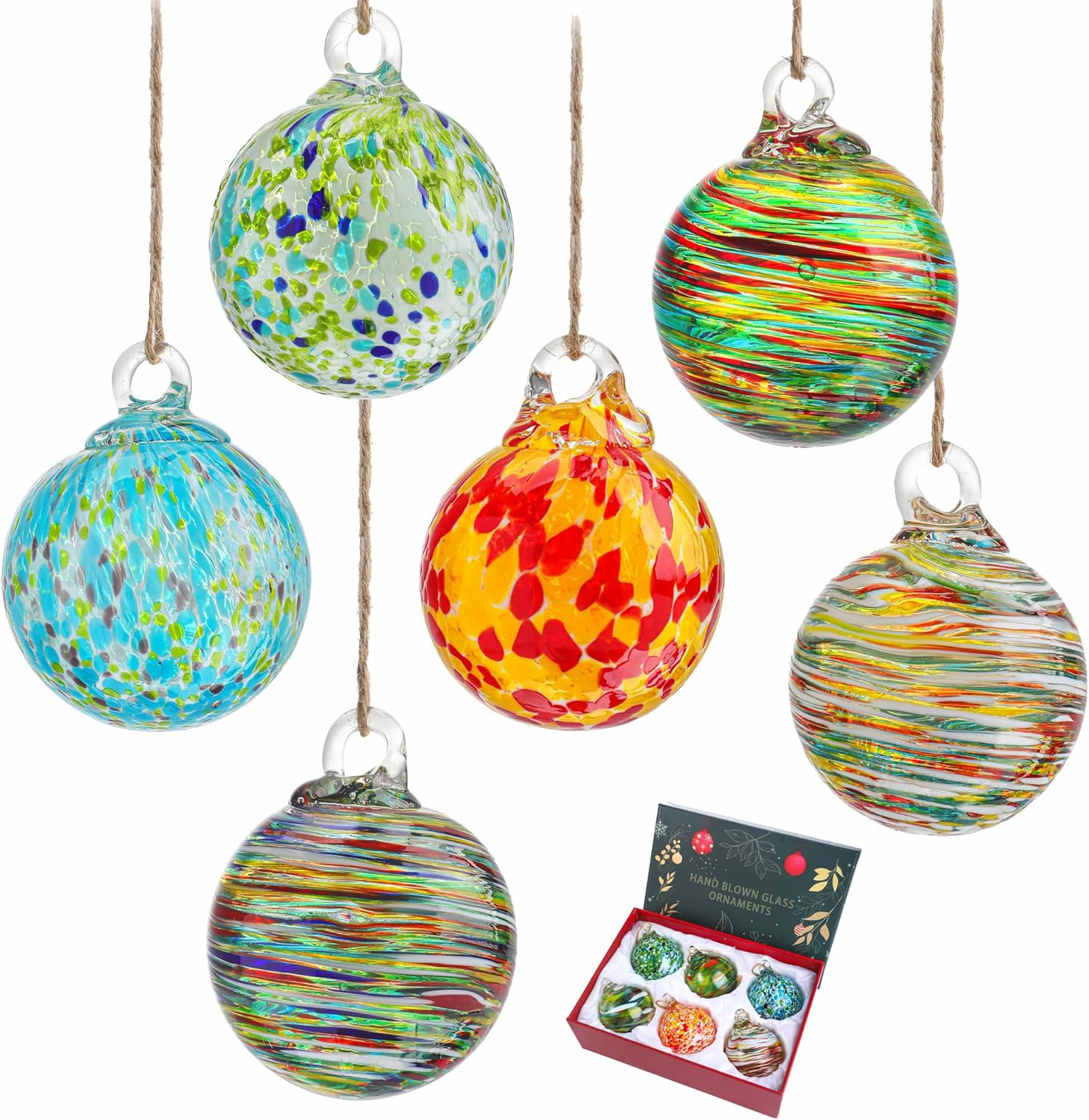 Set of 6 Hand Blown Glass Christmas Ornaments for Garden Patio Window