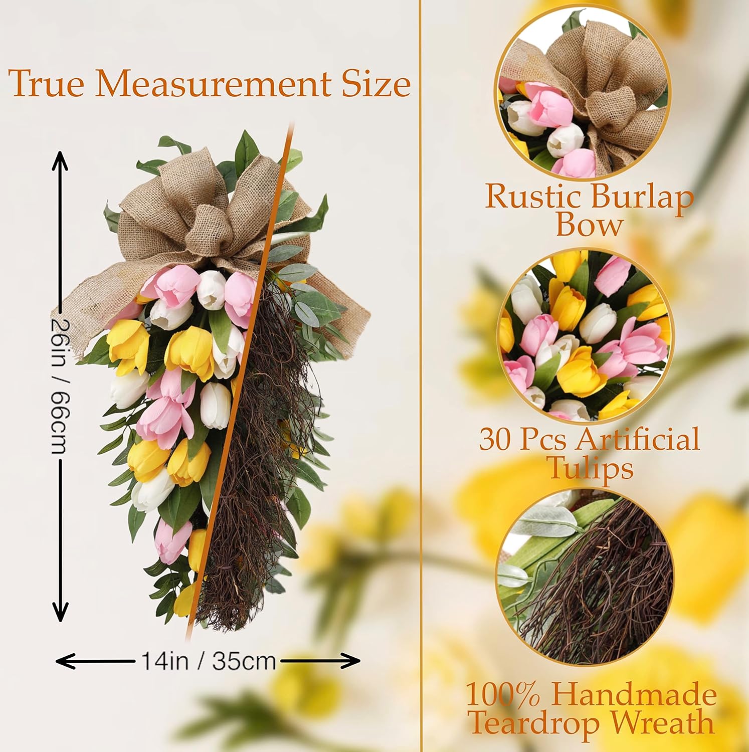 26 Inch Artificial Tulips Teardrop Swag with Burlap Bow