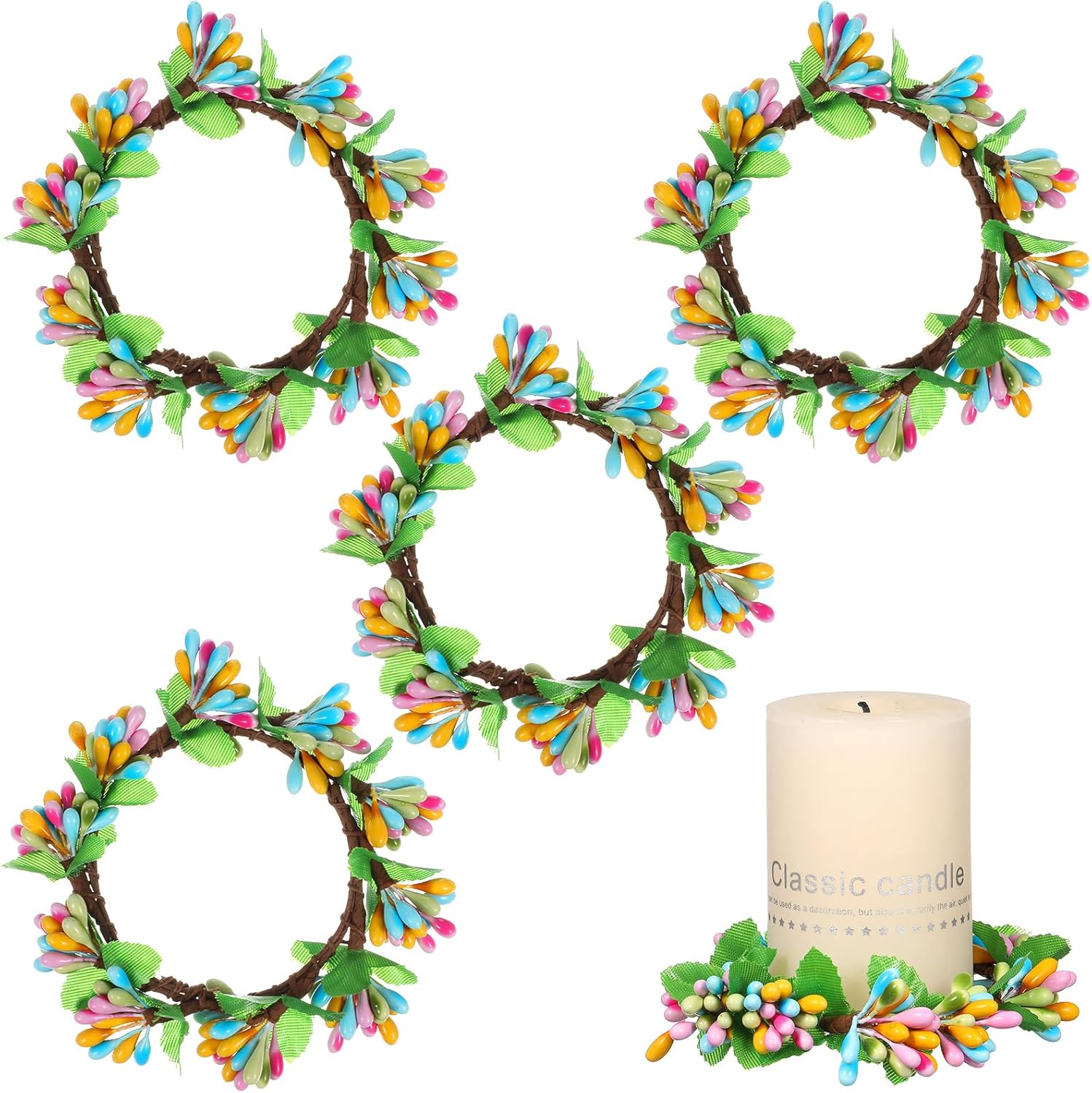 POPETPOP Easter Candle Wreaths 4PCS Artificial Berry Candle Holders for Spring Decor