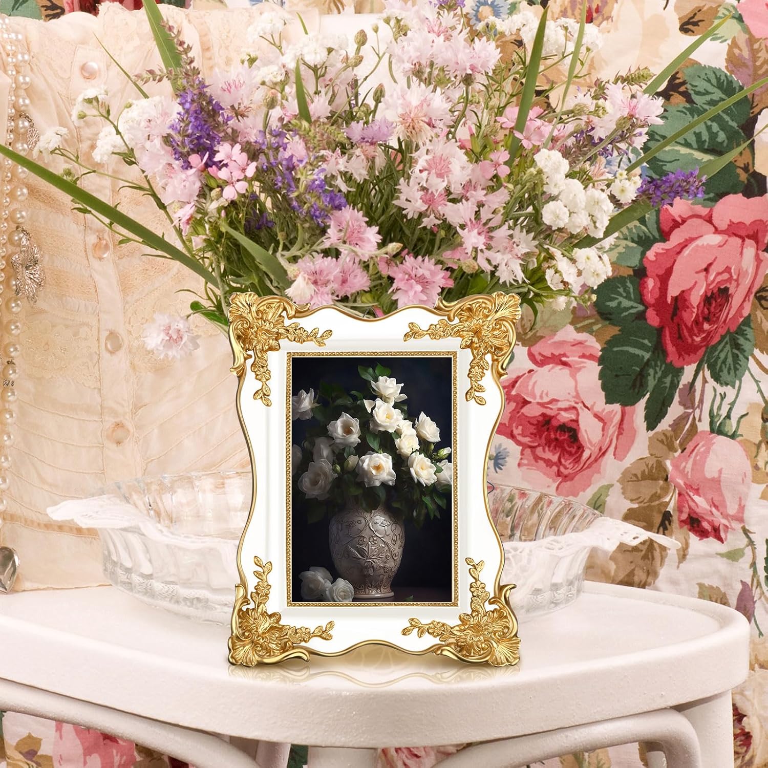 3 Pcs Vintage Gold Trim Photo Frames with Easel and Hooks