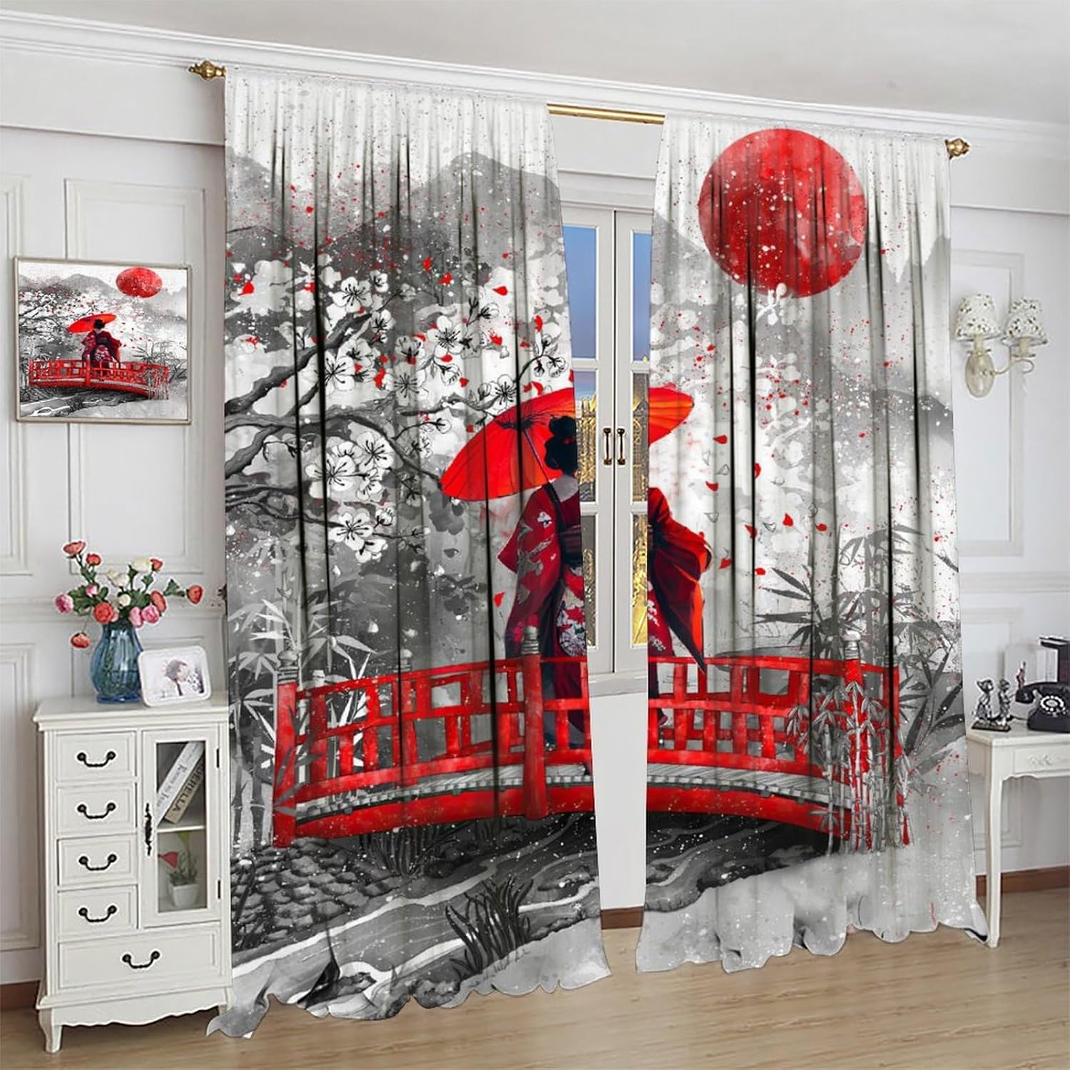 Yearn Jear Asian Japanese Geisha Girl Cherry Blossom Kimono Curtains 42x45 Inch