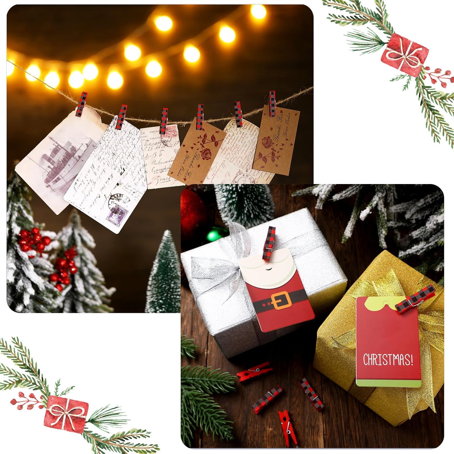 50 Pieces Christmas Photo Clips Buffalo Plaid Wooden Hanging Pegs