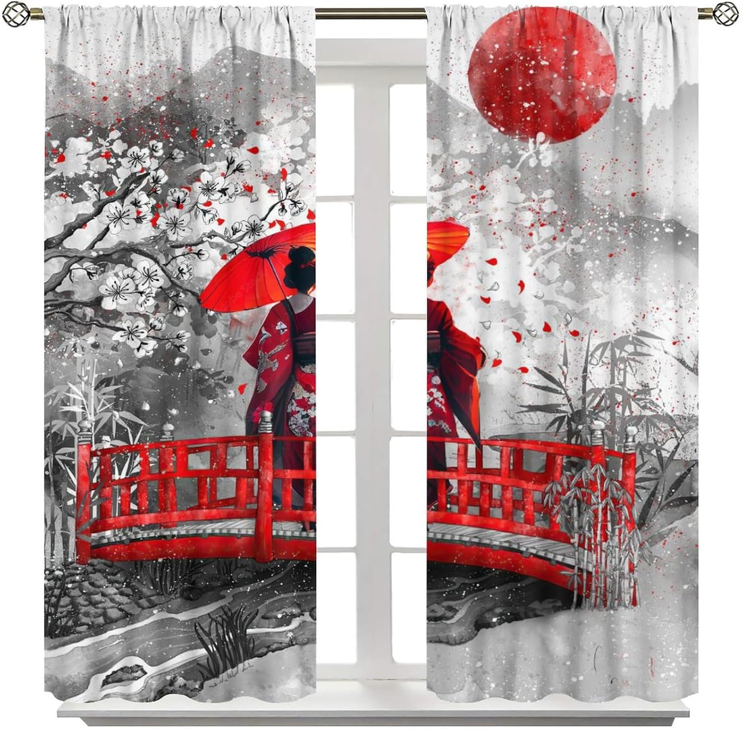 Yearn Jear Asian Japanese Geisha Girl Cherry Blossom Kimono Curtains 42x45 Inch