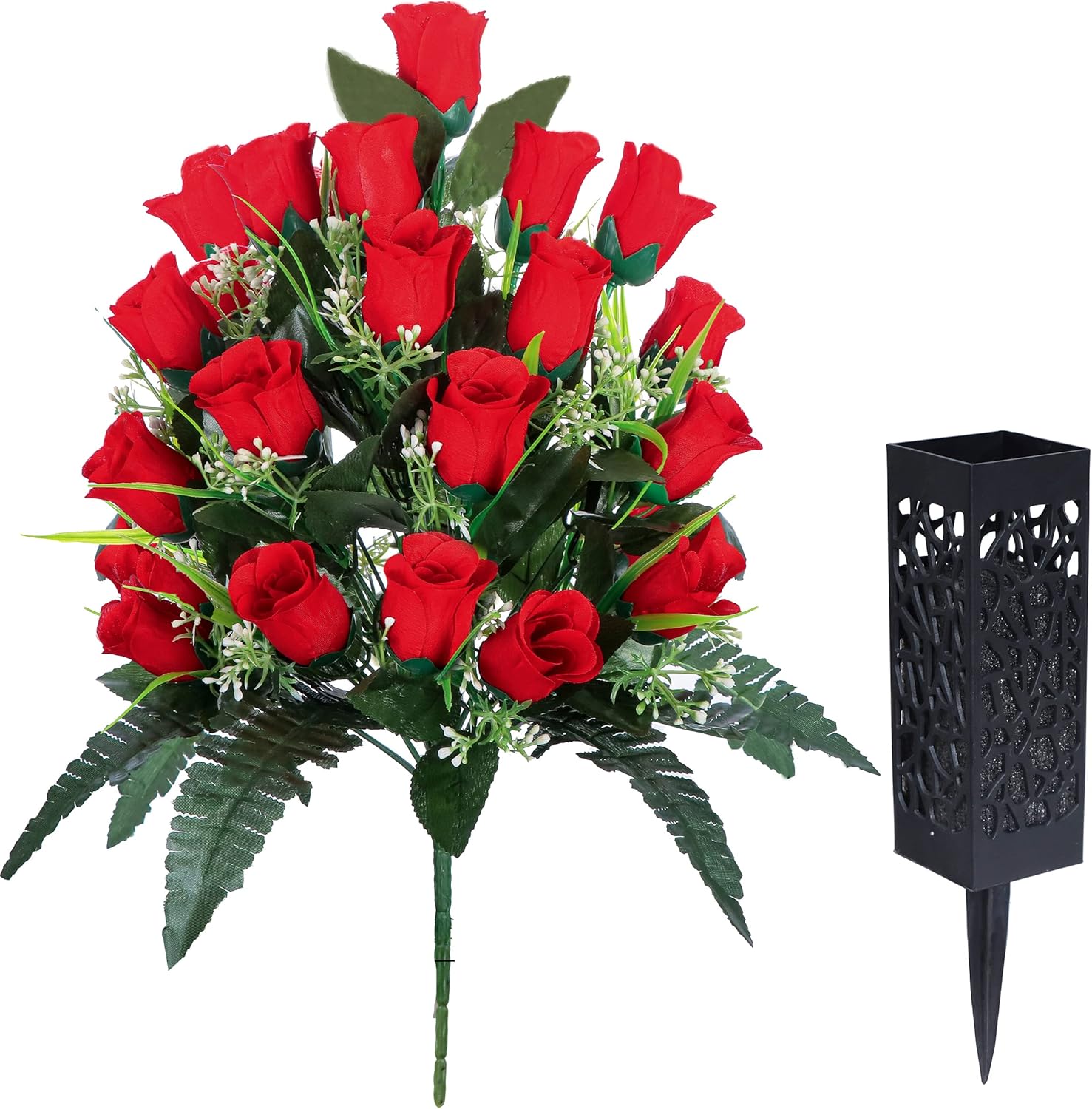 2 Sets Artificial Cemetery Flowers with Vase Red Roses Lasting Decor