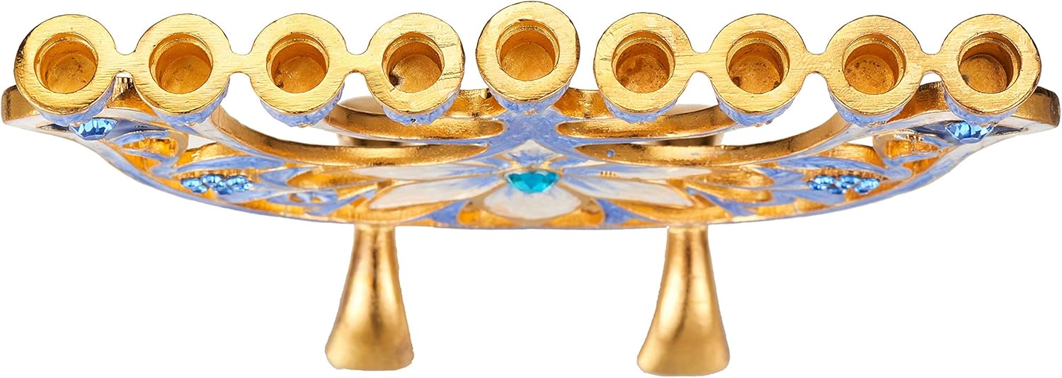Matashi MTMNR13547 Hand Painted Ivory Menorah with Gold Accents and Blue Flowers