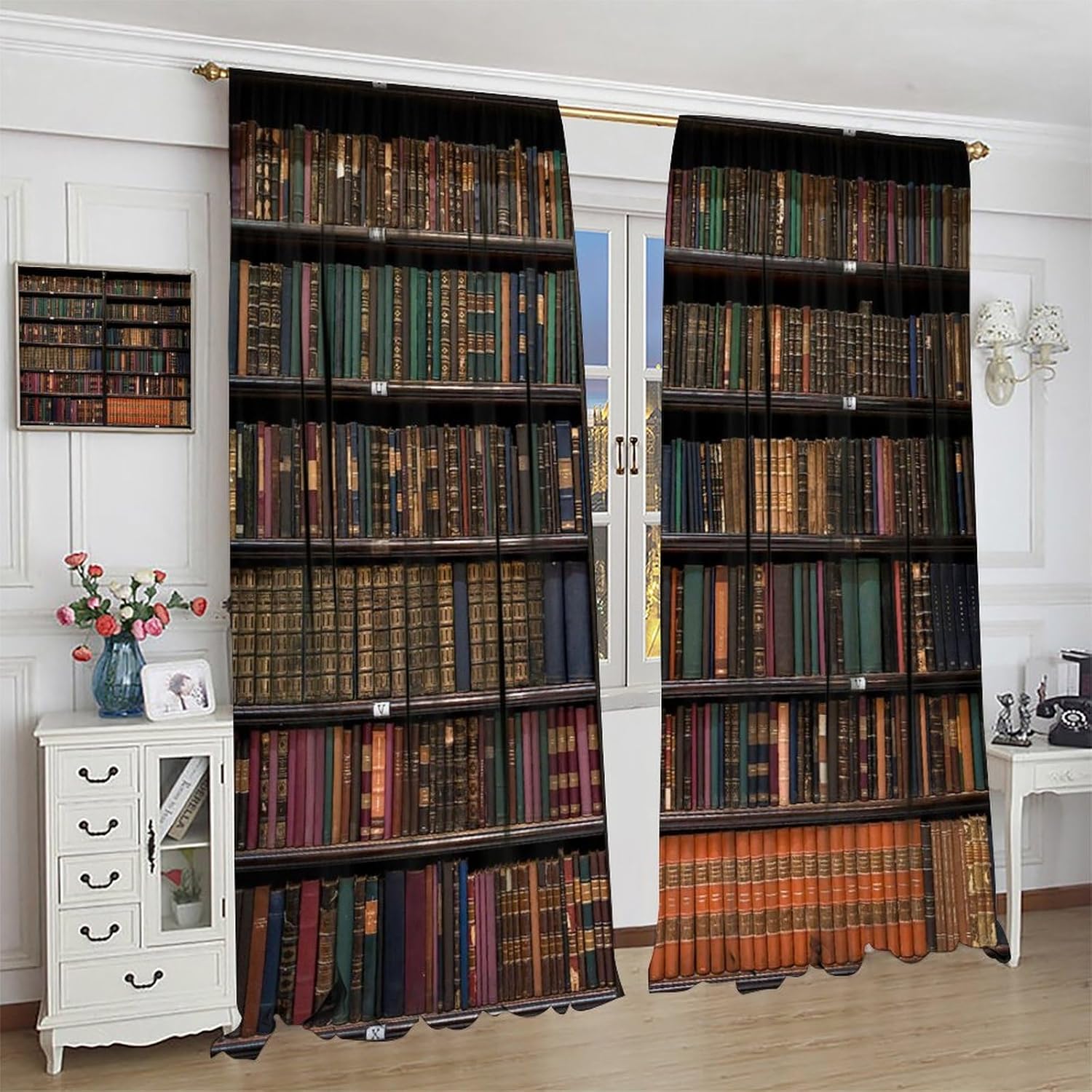 Bookshelf Curtains Vintage Library with Books Window Treatments for Kids Bedroom