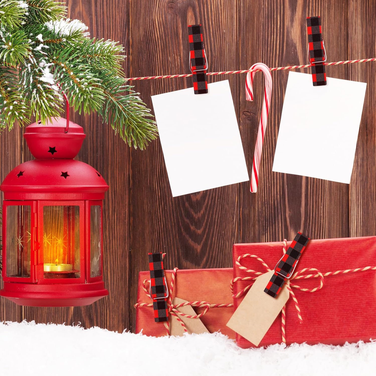 50 Pieces Christmas Photo Clips Buffalo Plaid Wooden Hanging Pegs