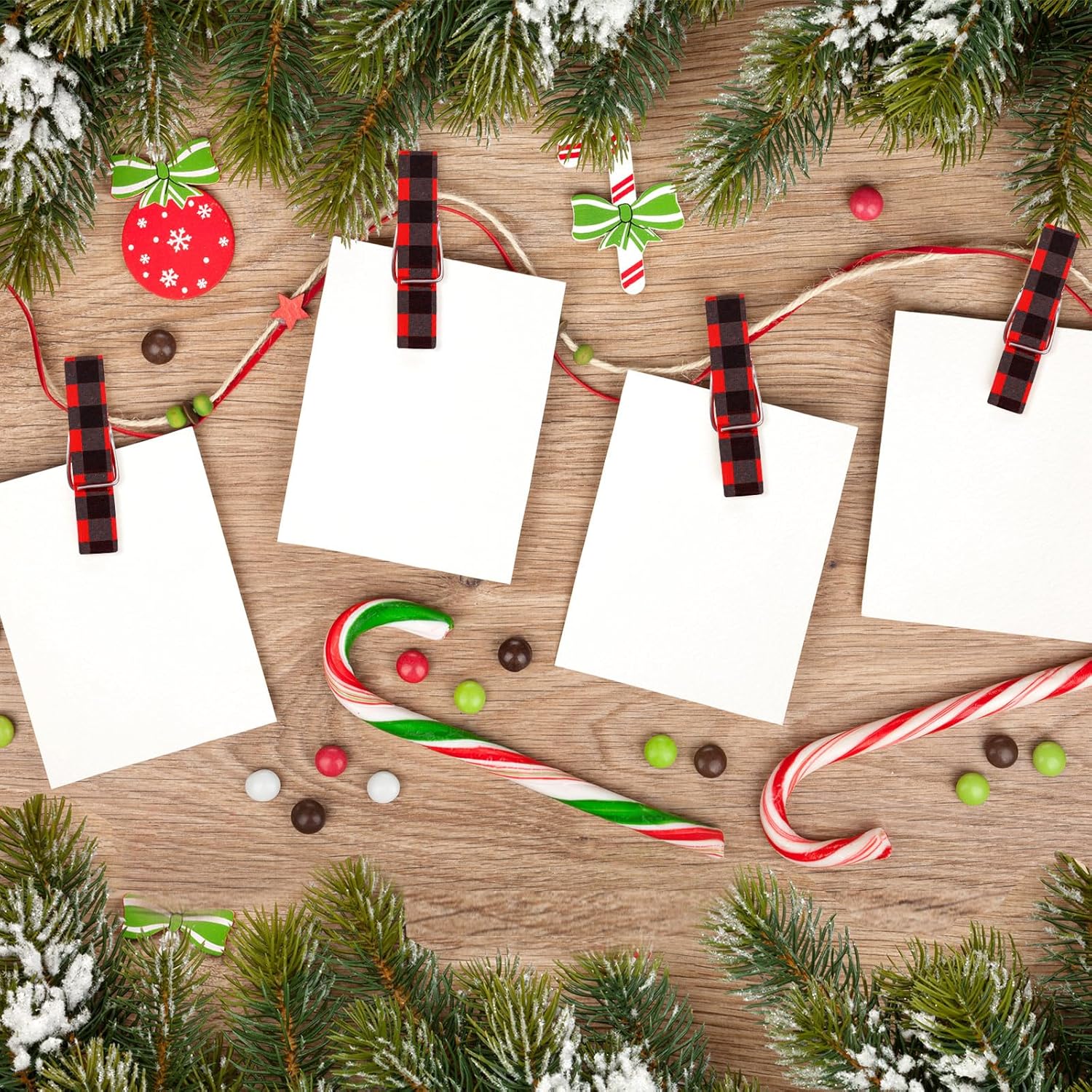 50 Pieces Christmas Photo Clips Buffalo Plaid Wooden Hanging Pegs