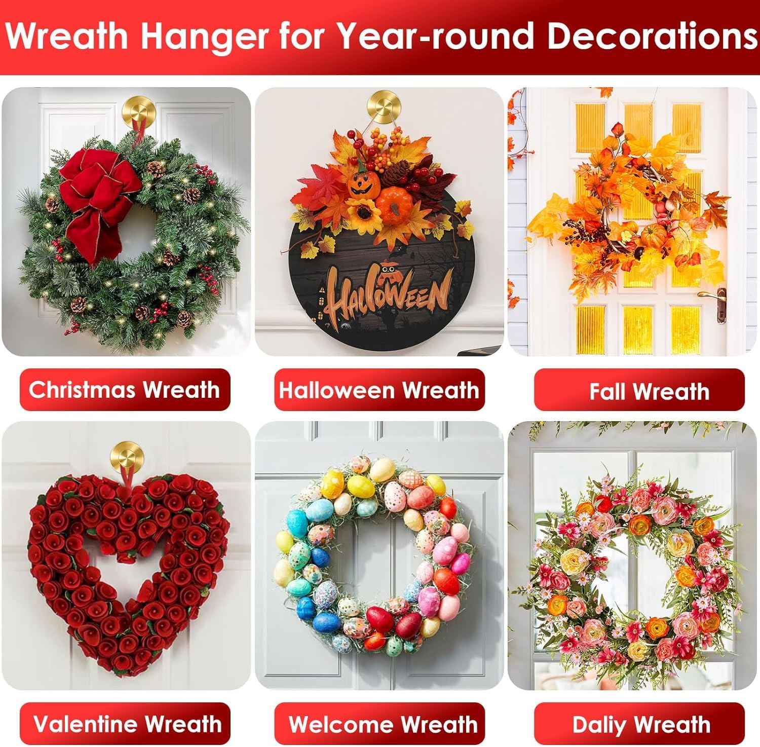 2 Pack Gold Wreath Hanger with 22LB Suction Cup Hooks for Decor