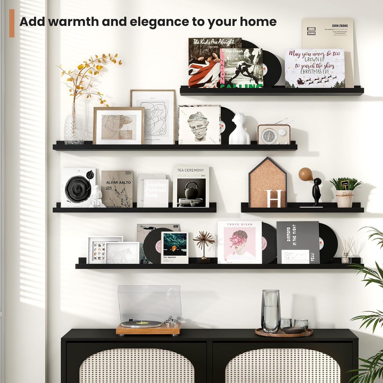 Fun Memories Floating Shelves Set of 2 32 Inch Black Rustic Wall Mounted Picture Ledge Storage