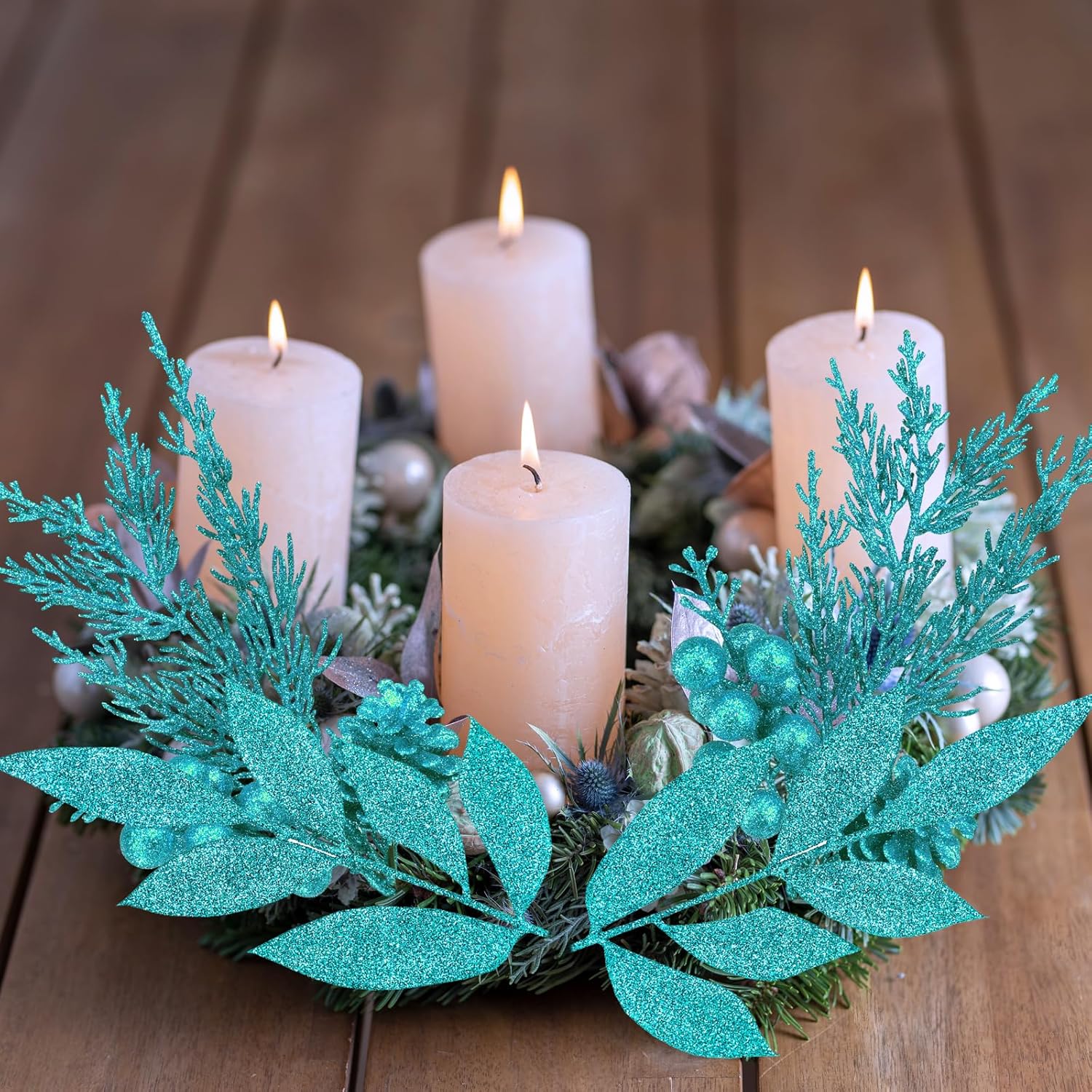 Winlyn 24 Pcs Teal Glitter Christmas Decoration Picks