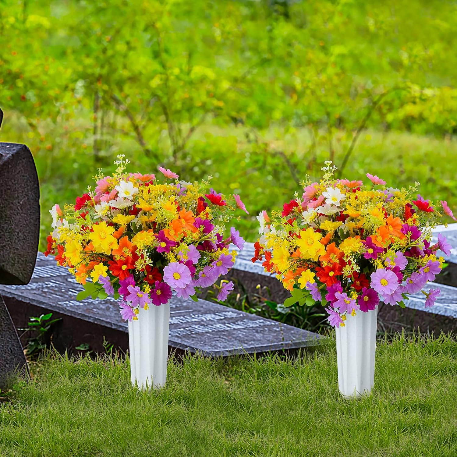 XONOR Artificial Daisy Flowers with Vase for Grave Decoration