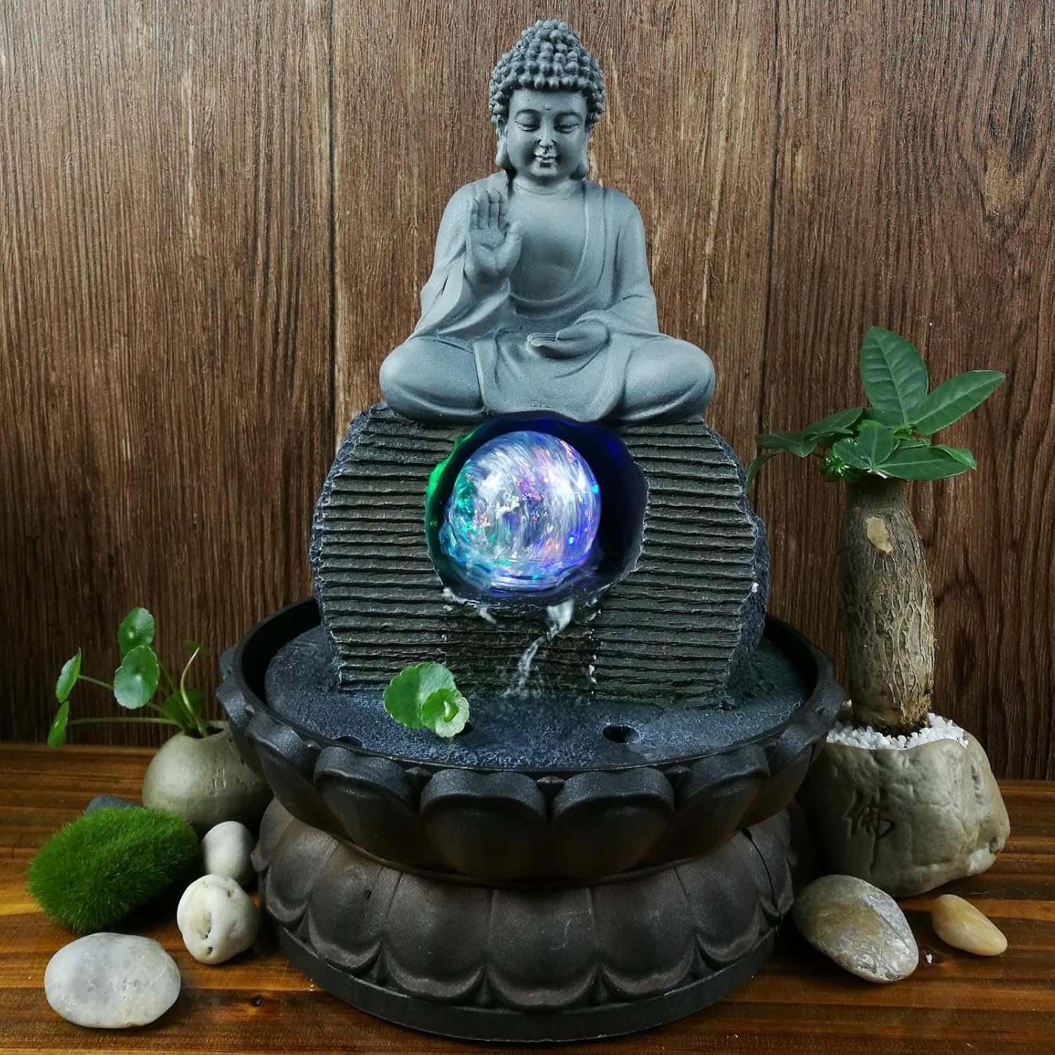 PAVLDSIN Indoor Buddha Tabletop Fountain - Grey Zen Meditation Water Feature