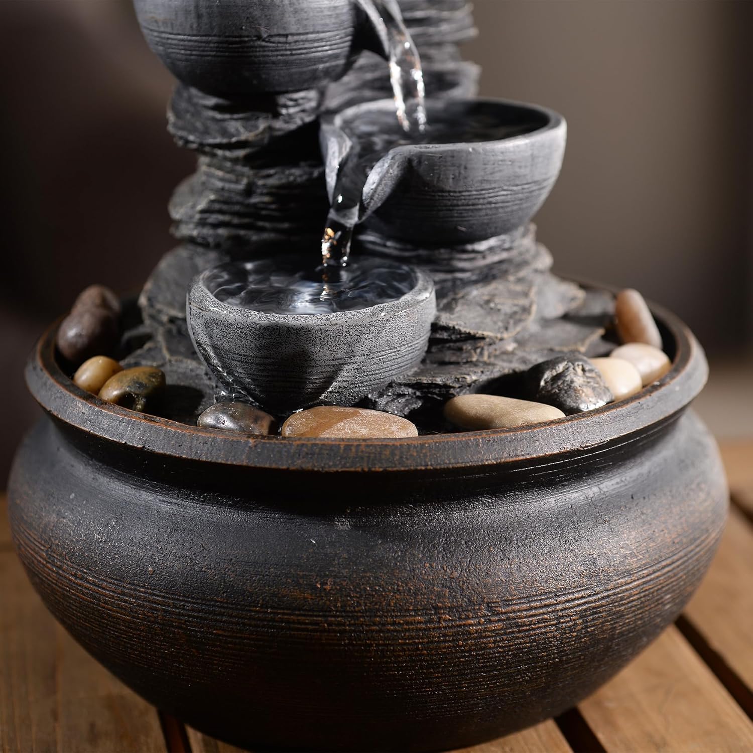 Teamson Home Indoor Tabletop Zen Waterfall Fountain with LED Lights and Pump Stone Gray