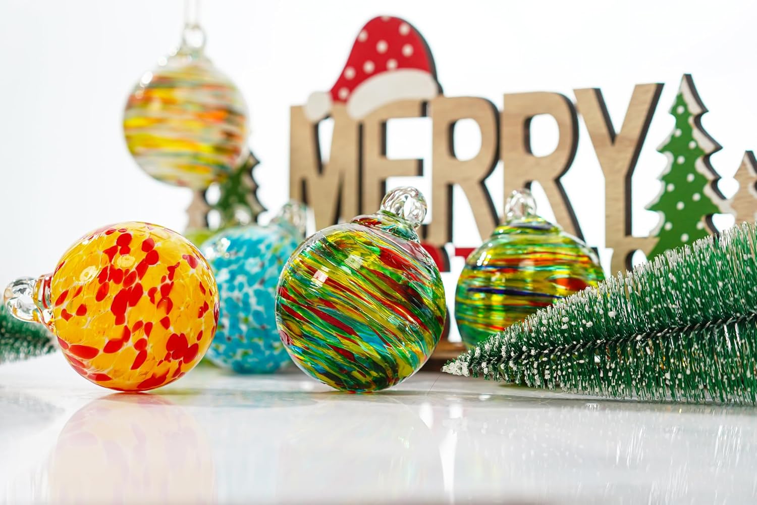 Set of 6 Hand Blown Glass Christmas Ornaments for Garden Patio Window