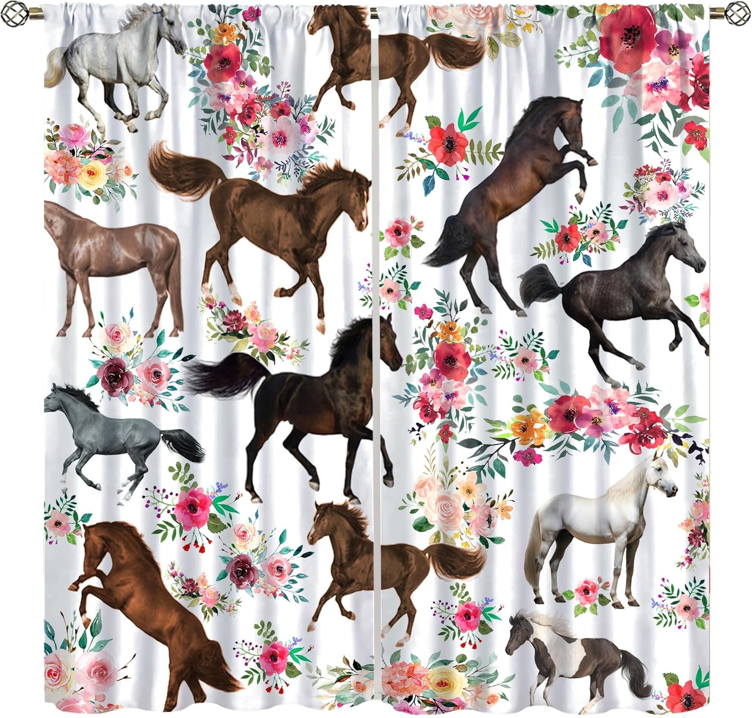 Girls Horse Blackout Curtains with Pink Flower Design