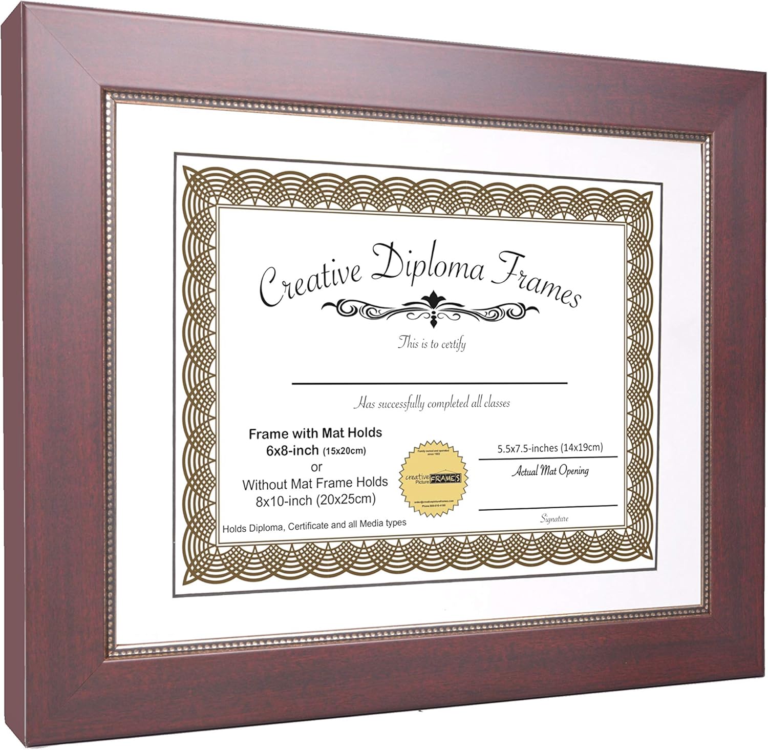 Creative Picture Frames 85x11 Empire Mahogany Diploma Frame with White Mat Glass Easel and Wall Hangers