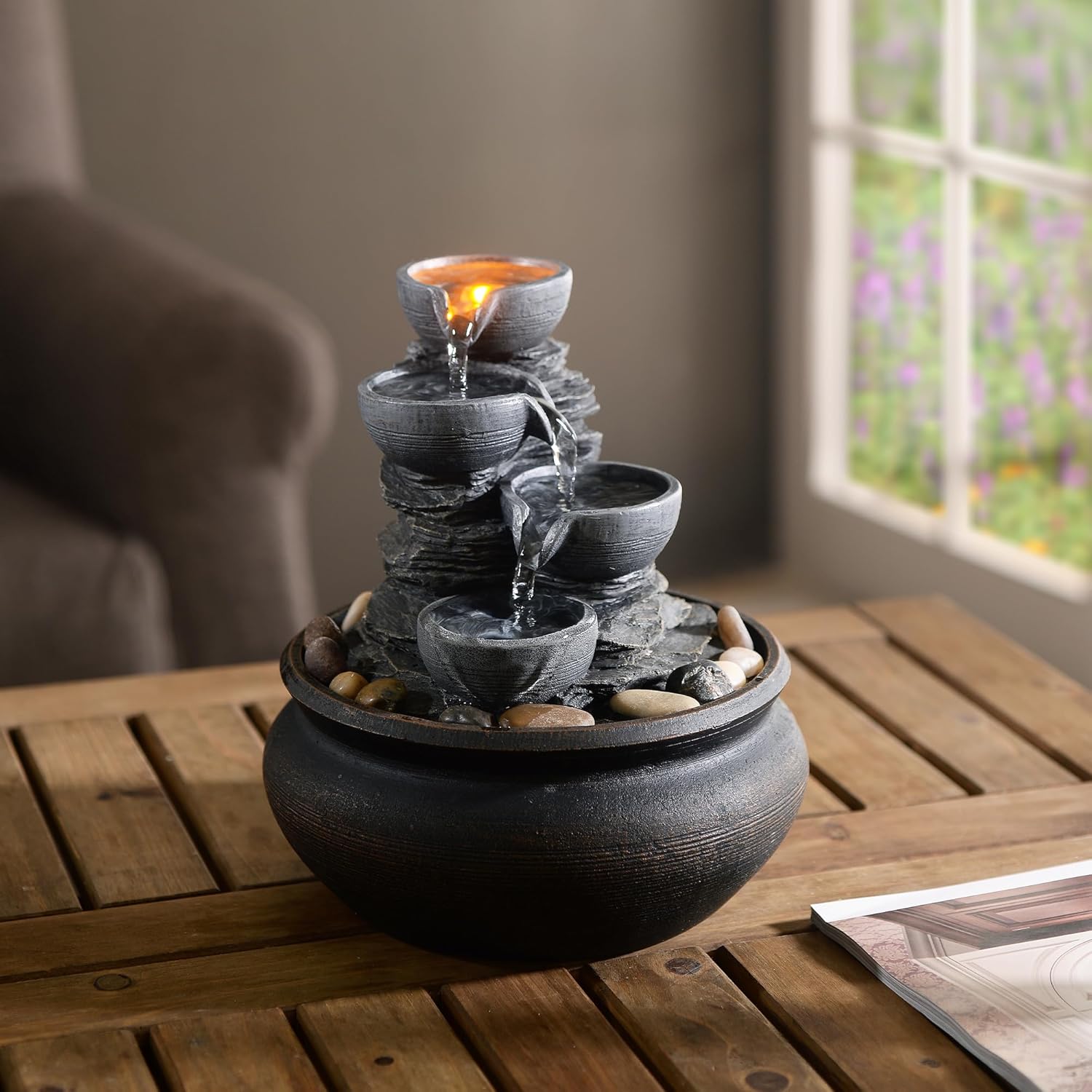 Teamson Home Indoor Tabletop Zen Waterfall Fountain with LED Lights and Pump Stone Gray