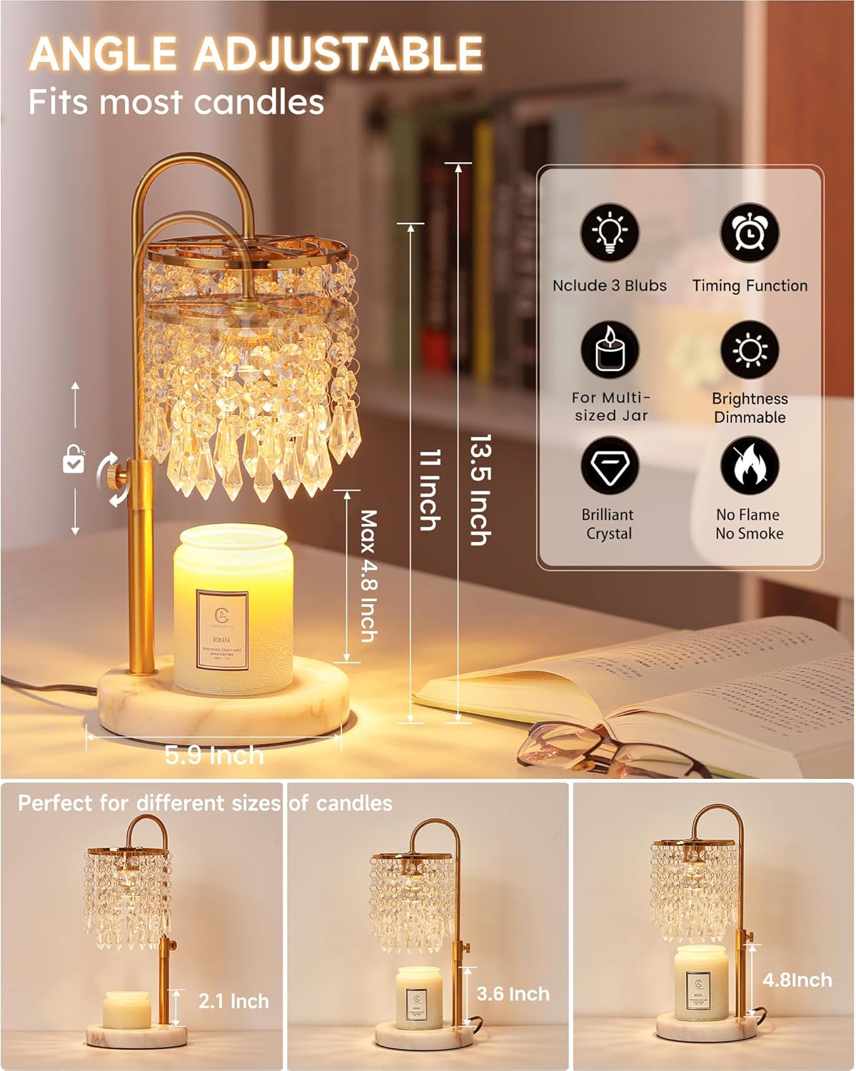 Minimalist Crystal Candle Lamp with Timer and 3 Bulbs