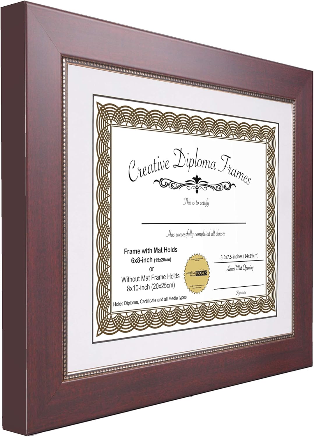 Creative Picture Frames 85x11 Empire Mahogany Diploma Frame with White Mat Glass Easel and Wall Hangers