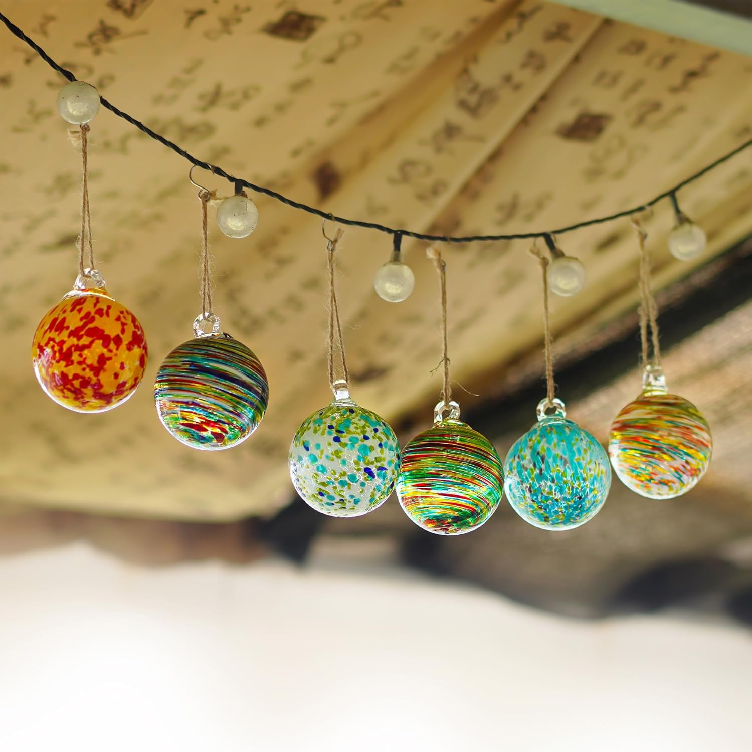 Set of 6 Hand Blown Glass Christmas Ornaments for Garden Patio Window