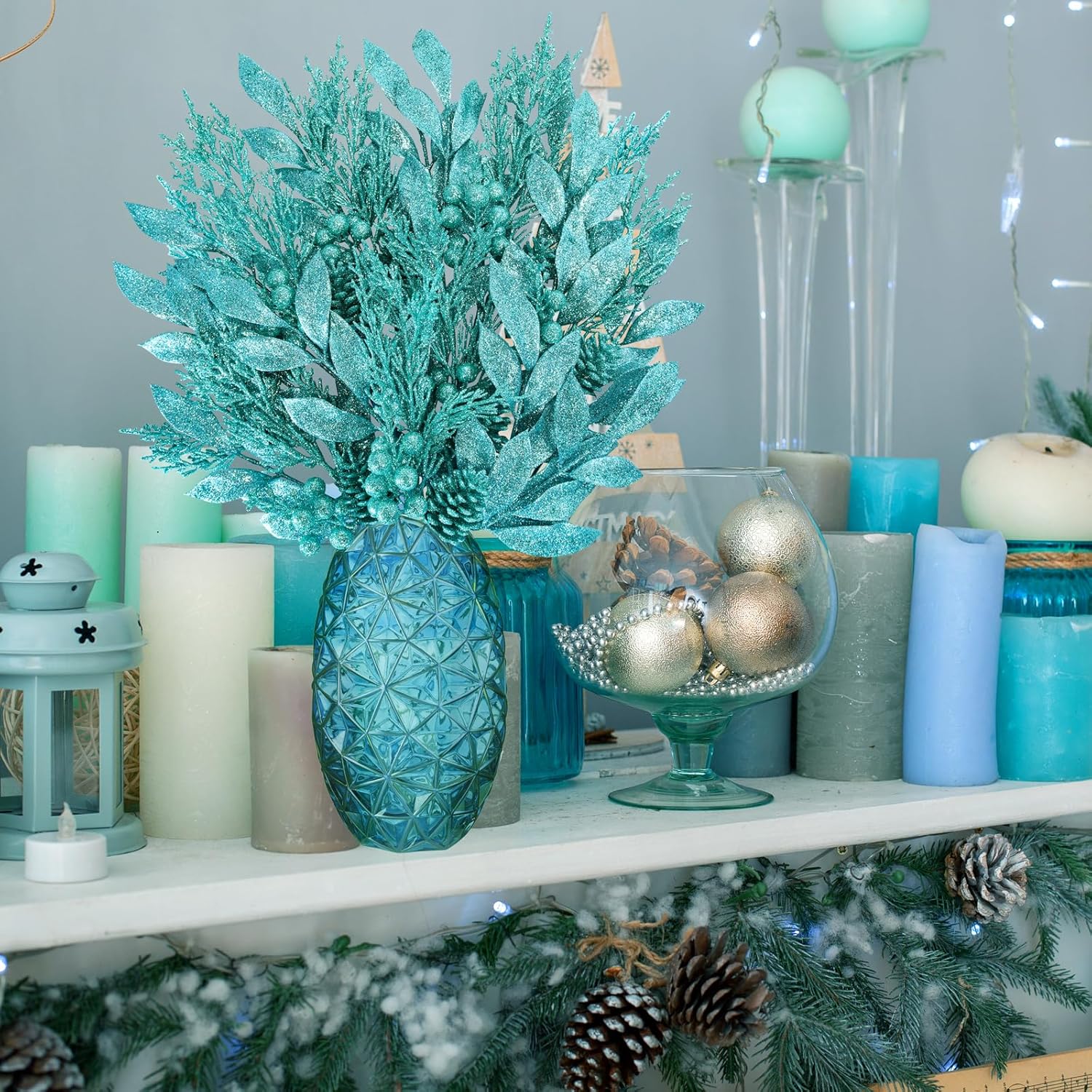 Winlyn 24 Pcs Teal Glitter Christmas Decoration Picks