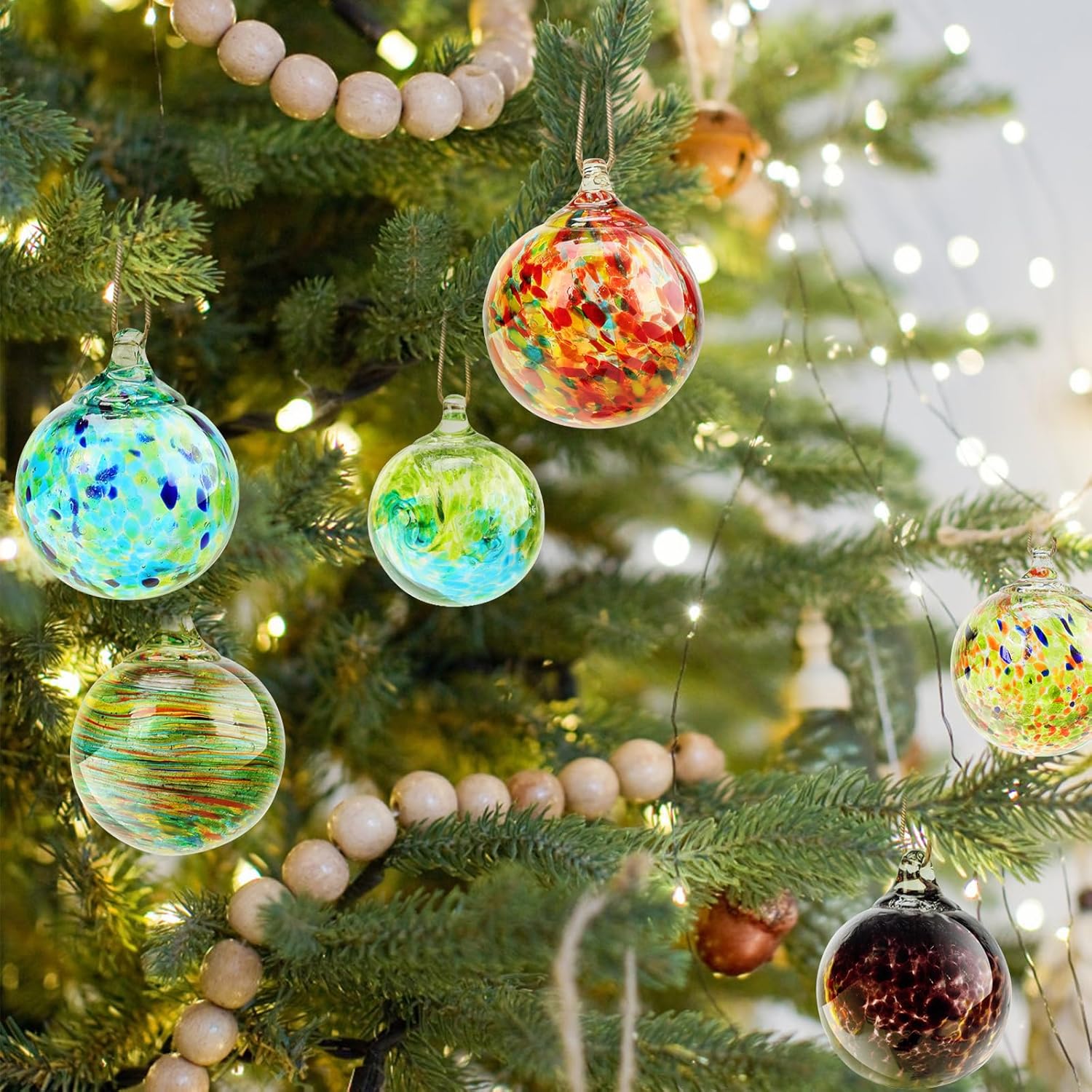 Colorful Hand Blown Glass Hanging Ornaments 6 Pcs