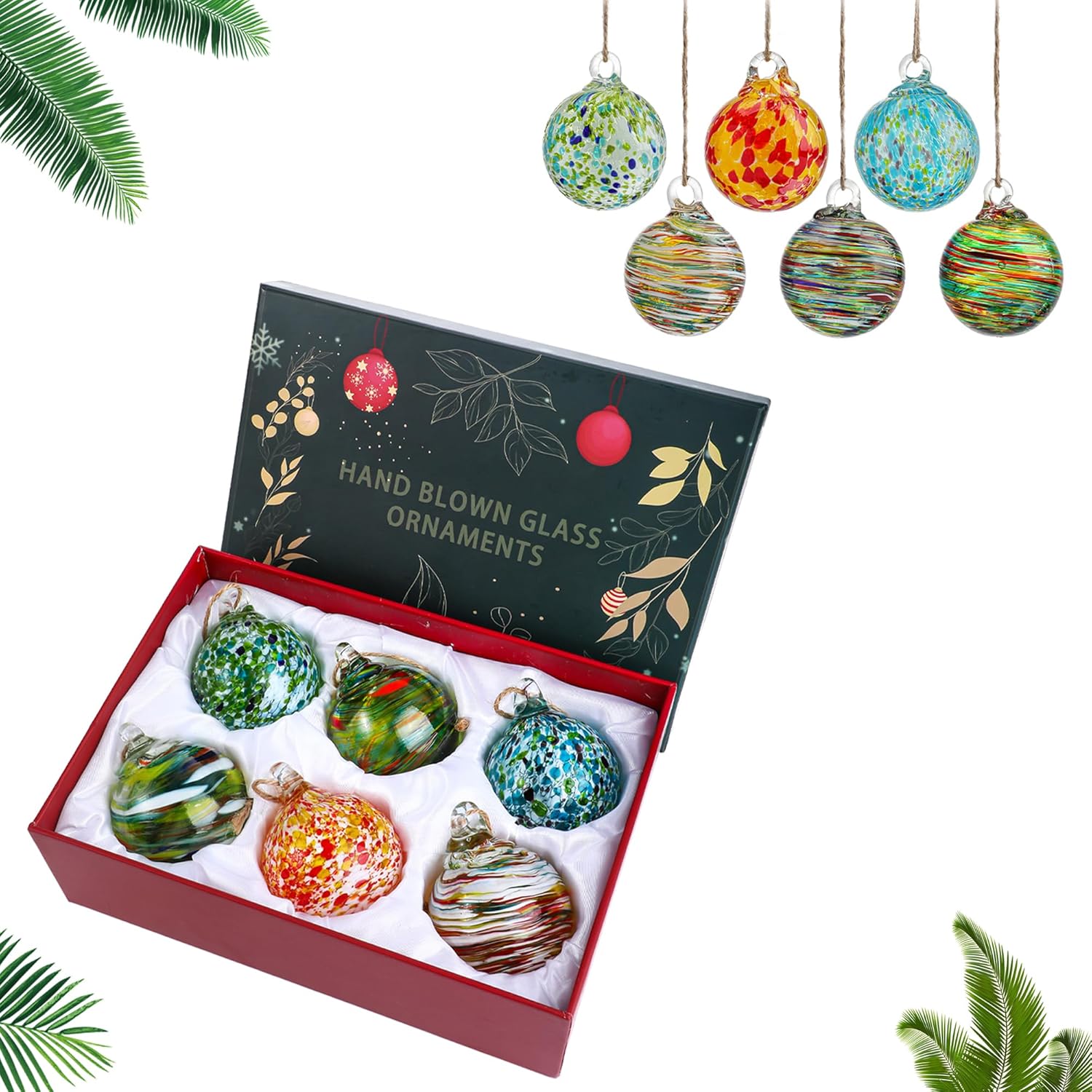 Set of 6 Hand Blown Glass Christmas Ornaments for Garden Patio Window