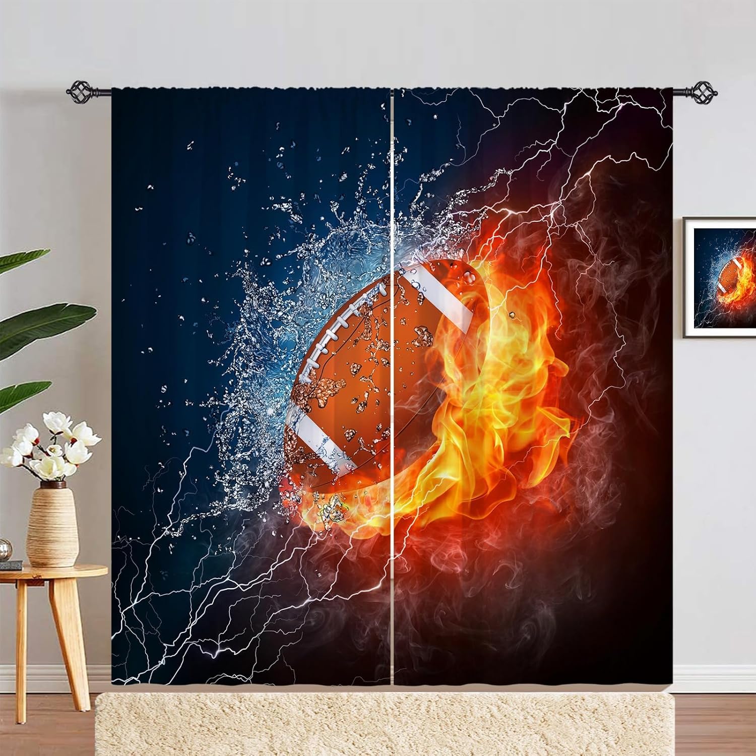 Kids Football Print Curtains 2 Panels Rod Pocket