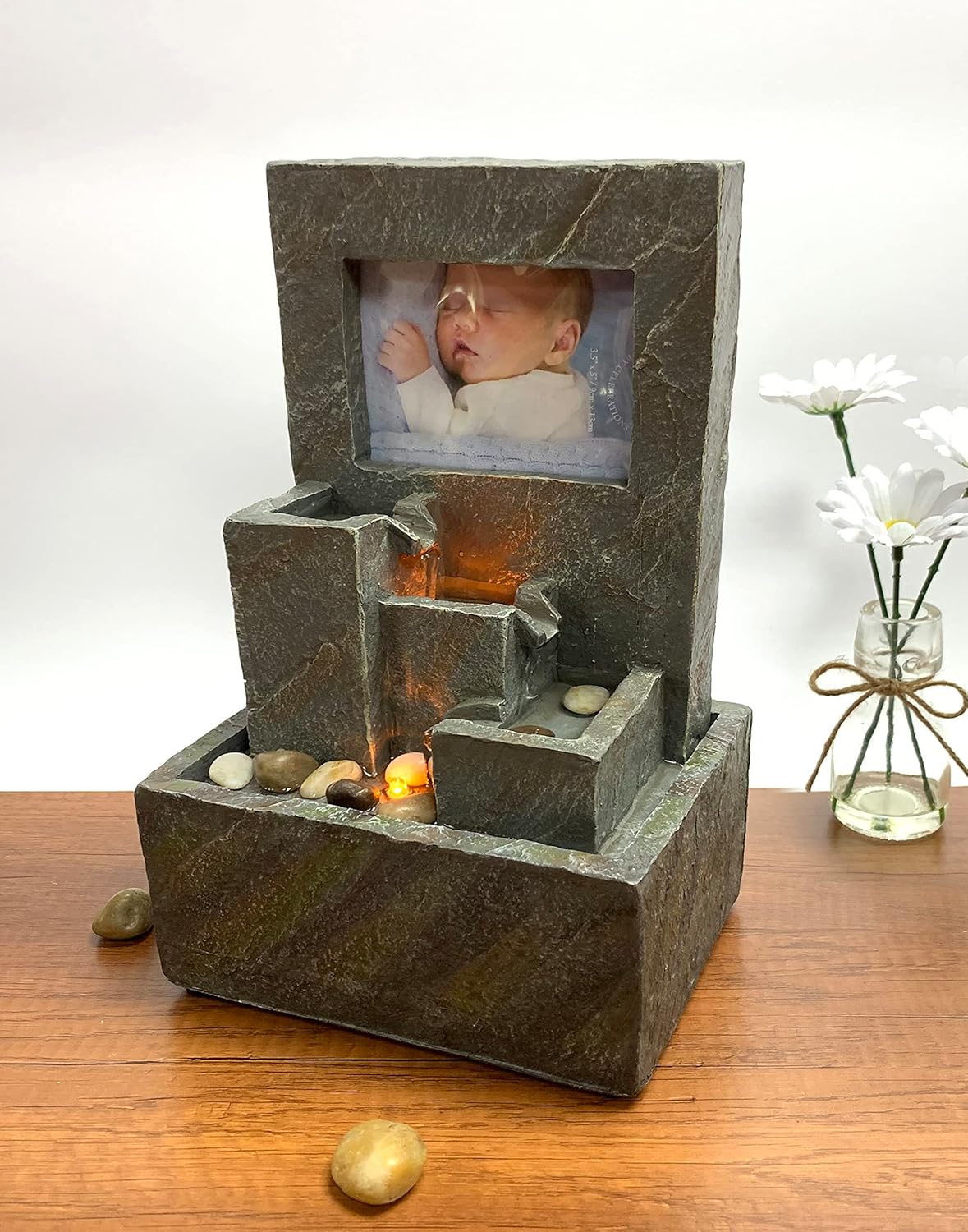 Natures Mark 11 Inch H Cascading Photo Frame Water Fountain with LED Lights and River Rocks